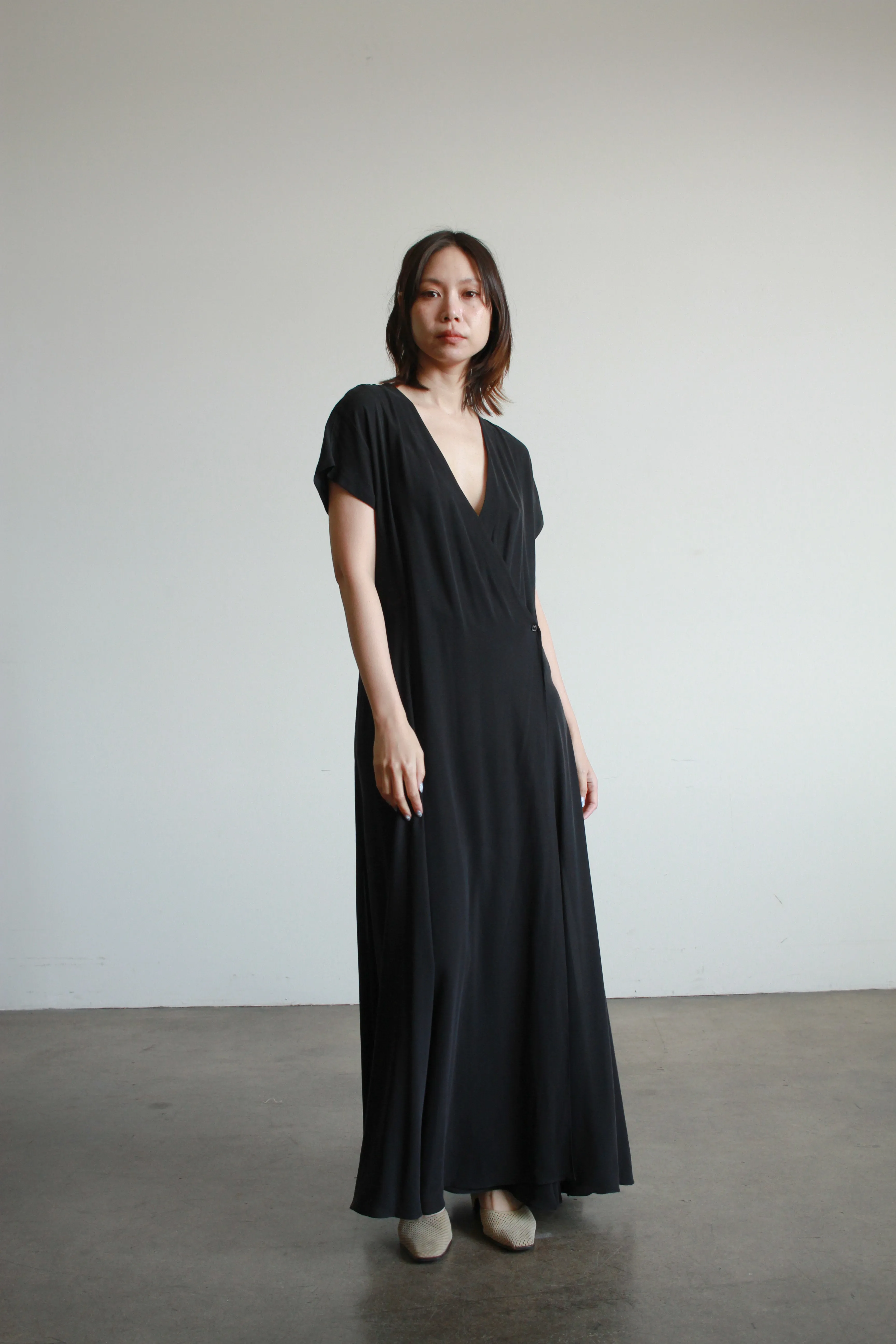 1990s Calvin Klein Black Silk Wrap Dress