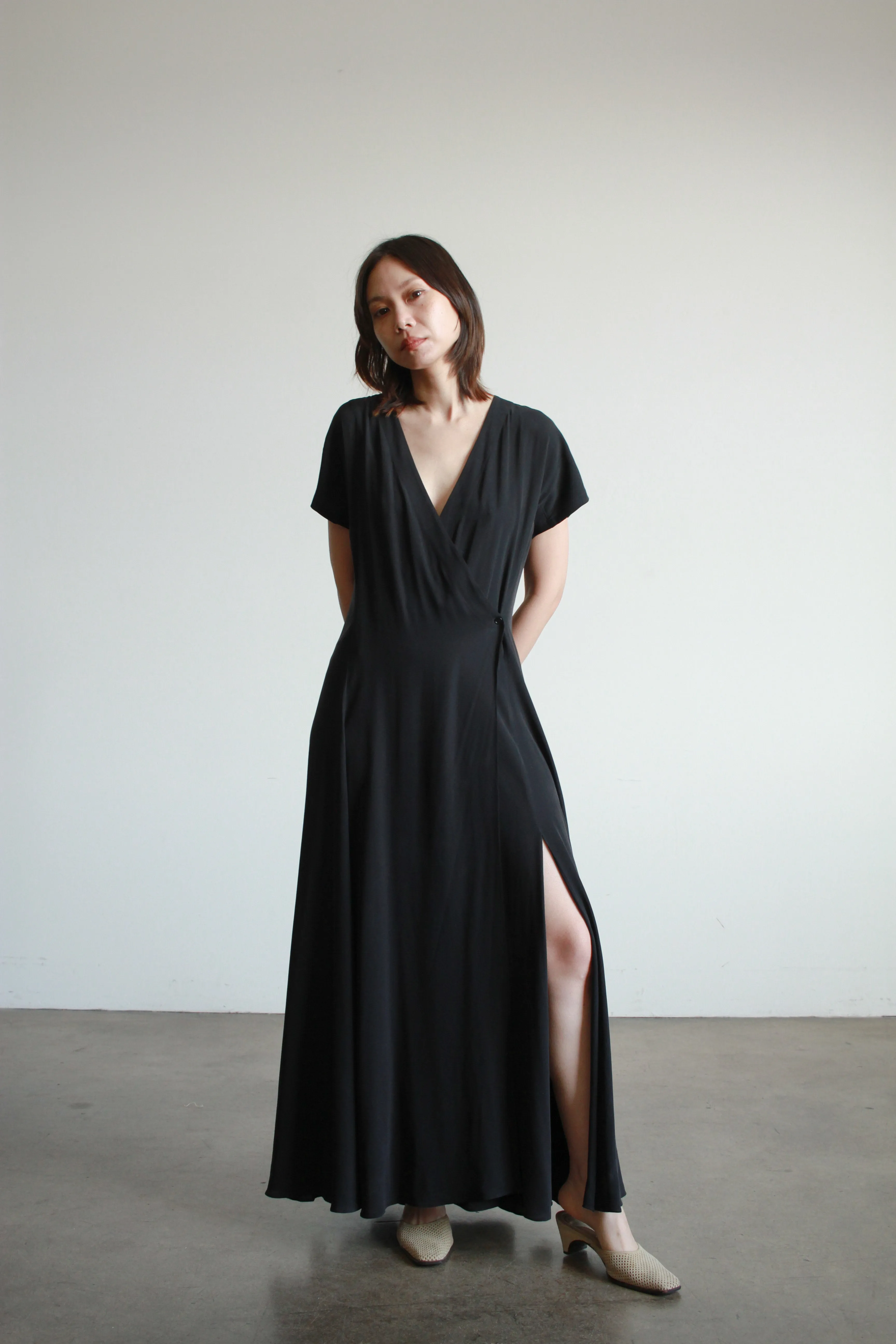 1990s Calvin Klein Black Silk Wrap Dress