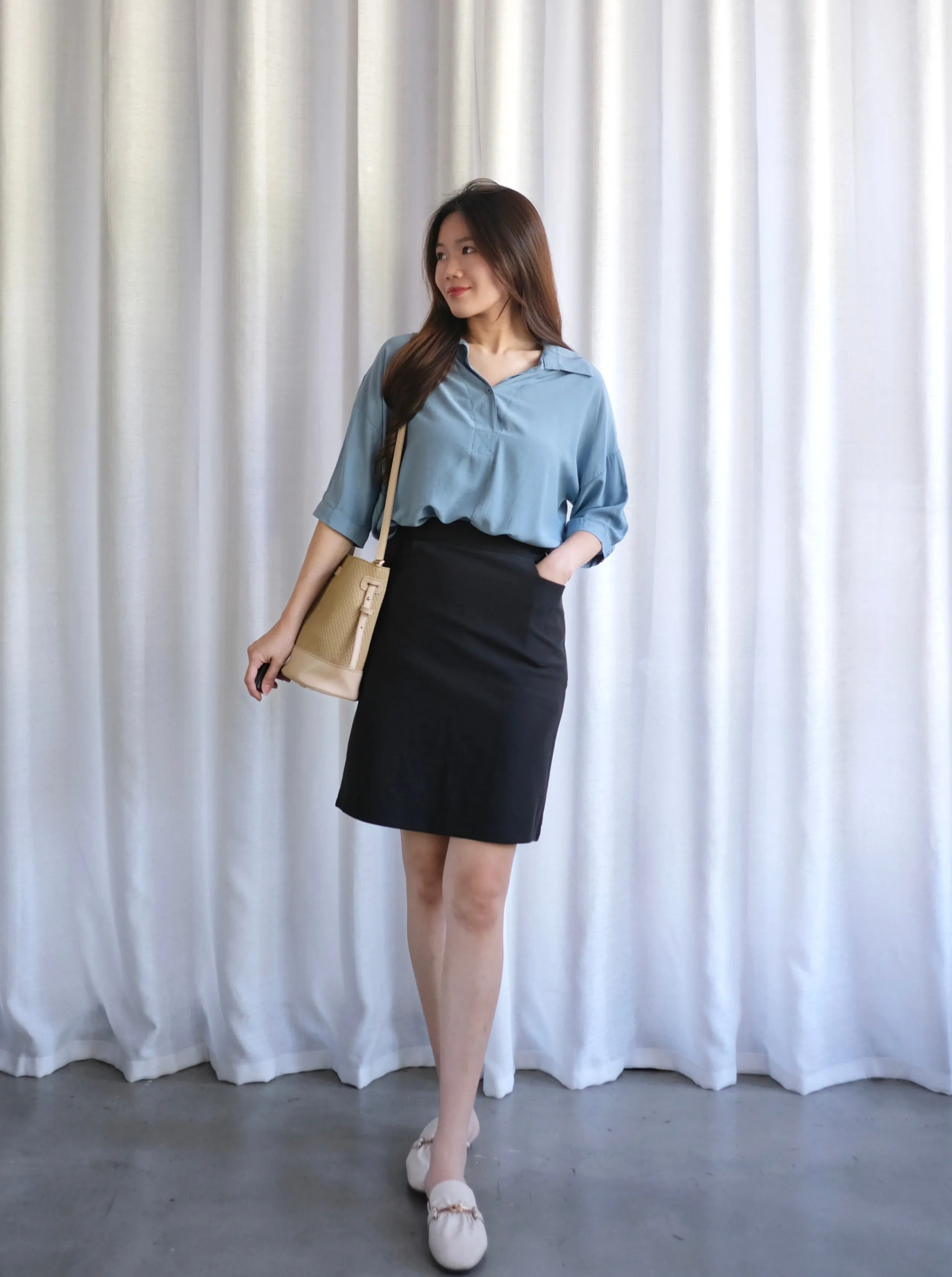 ACEWIN Black High Waist Stretch Midi Skirt with Inner Shorts (Size S-XL) 601284