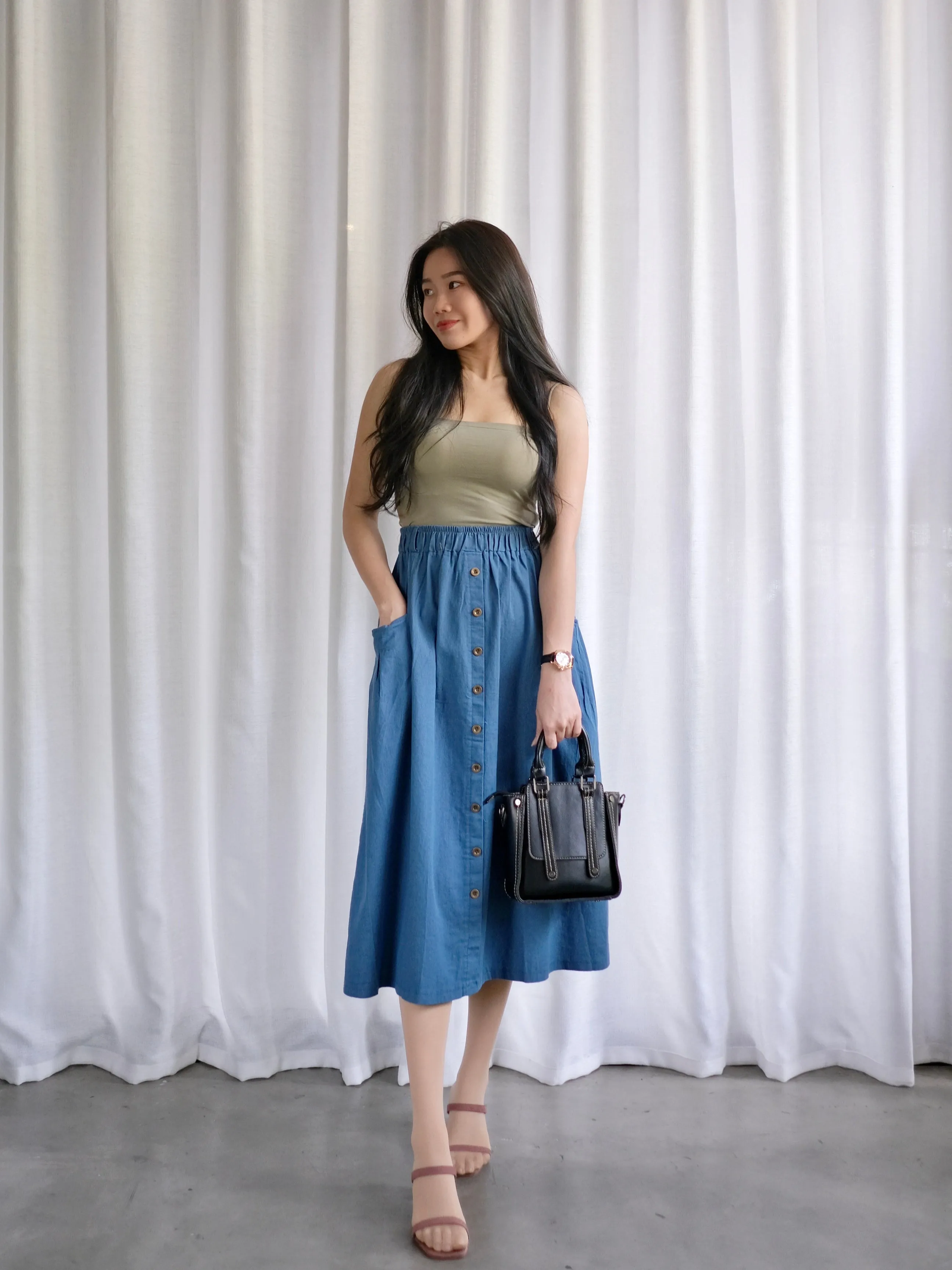 ACEWIN Denim Button Front Midi Skirt (Free Size) 601286