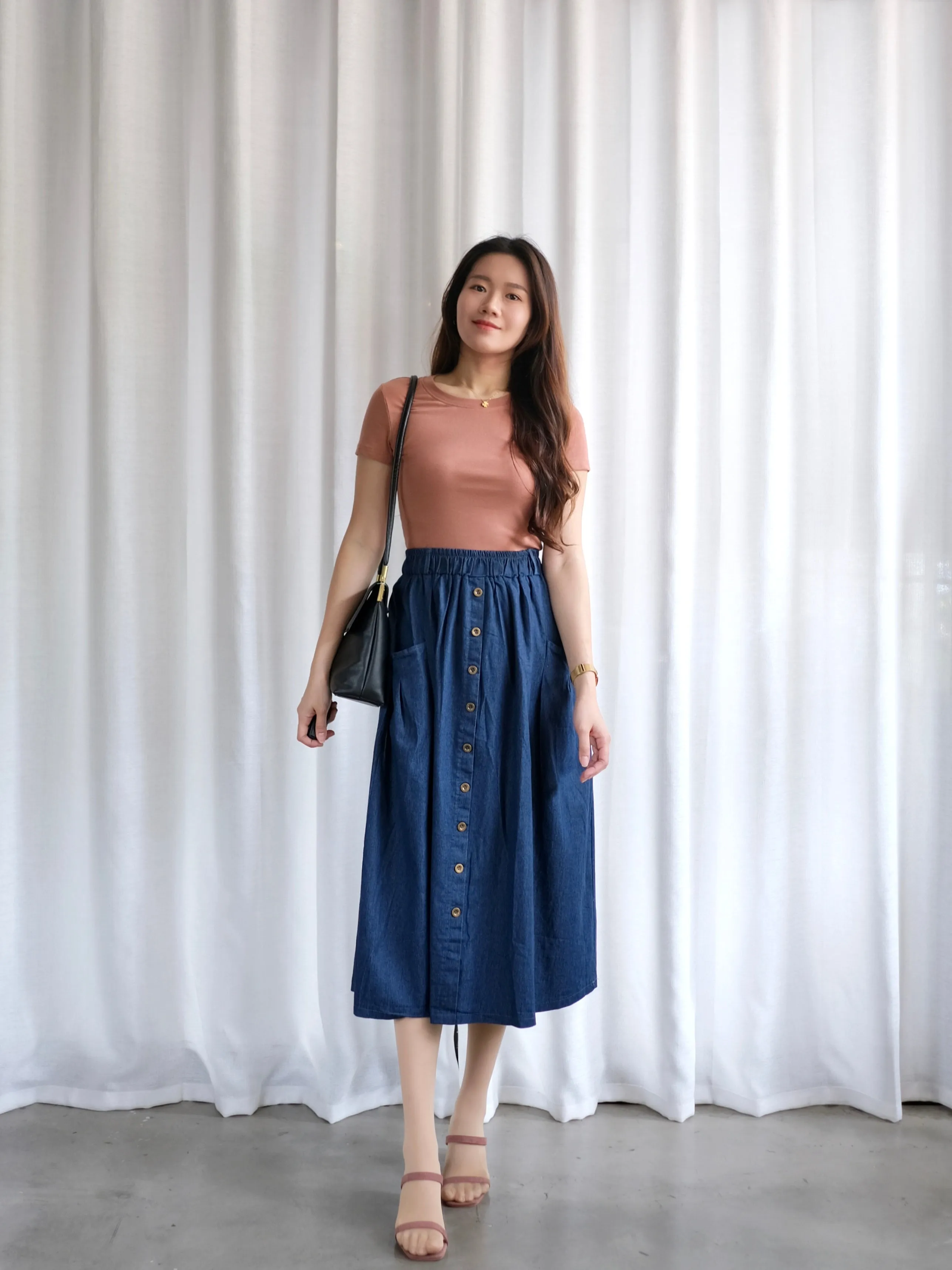 ACEWIN Denim Button Front Midi Skirt (Free Size) 601286