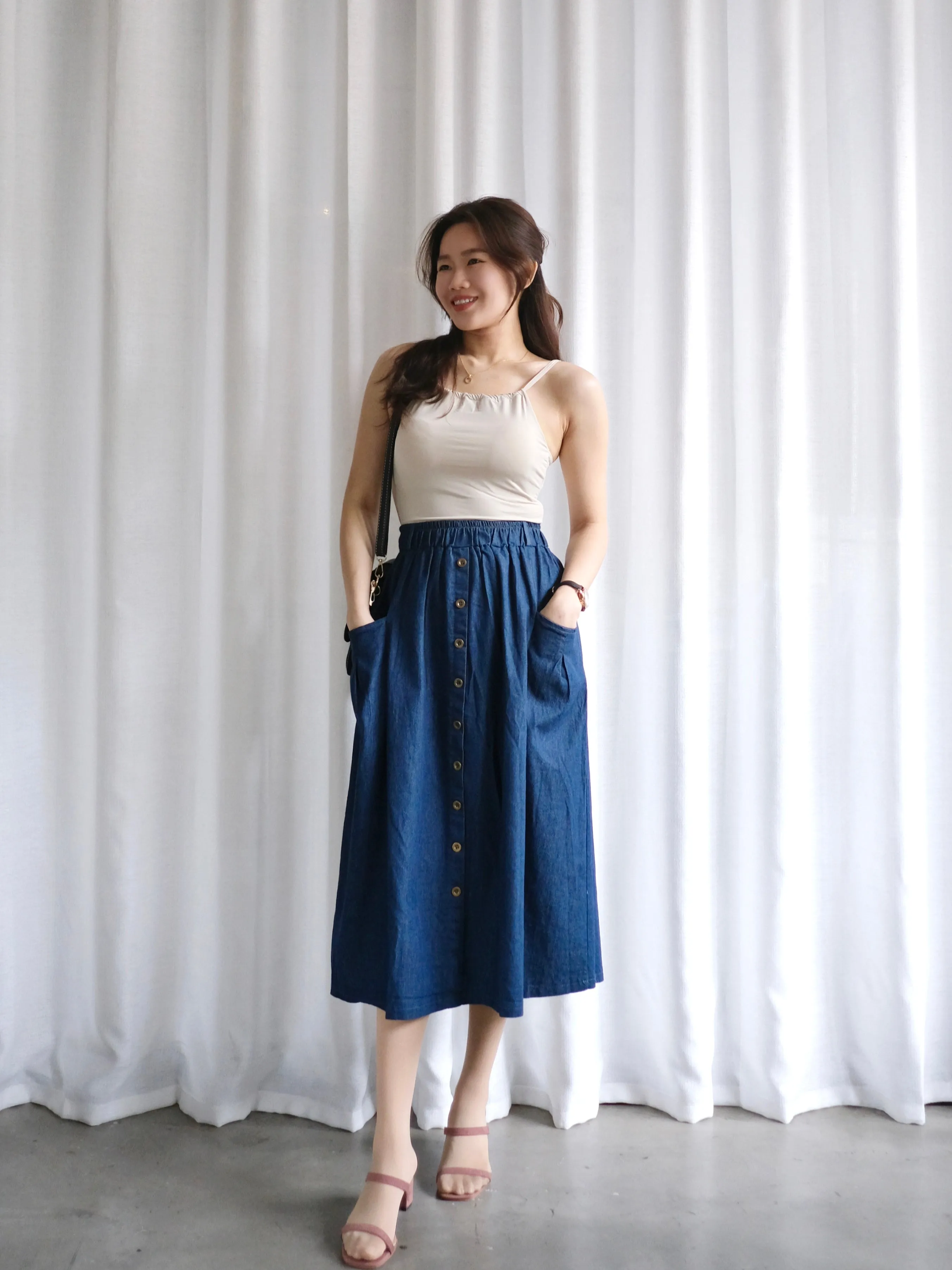 ACEWIN Denim Button Front Midi Skirt (Free Size) 601286