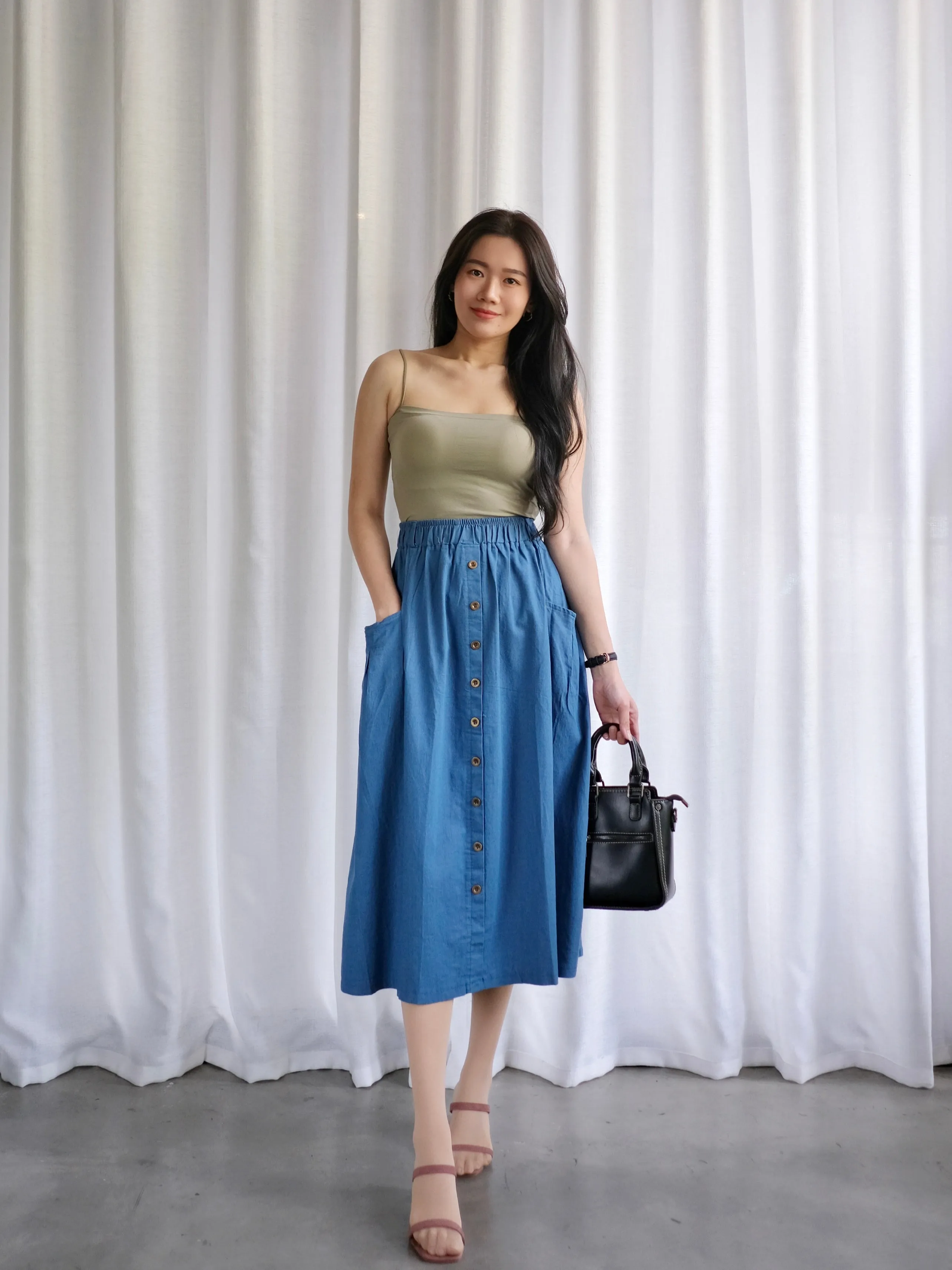 ACEWIN Denim Button Front Midi Skirt (Free Size) 601286