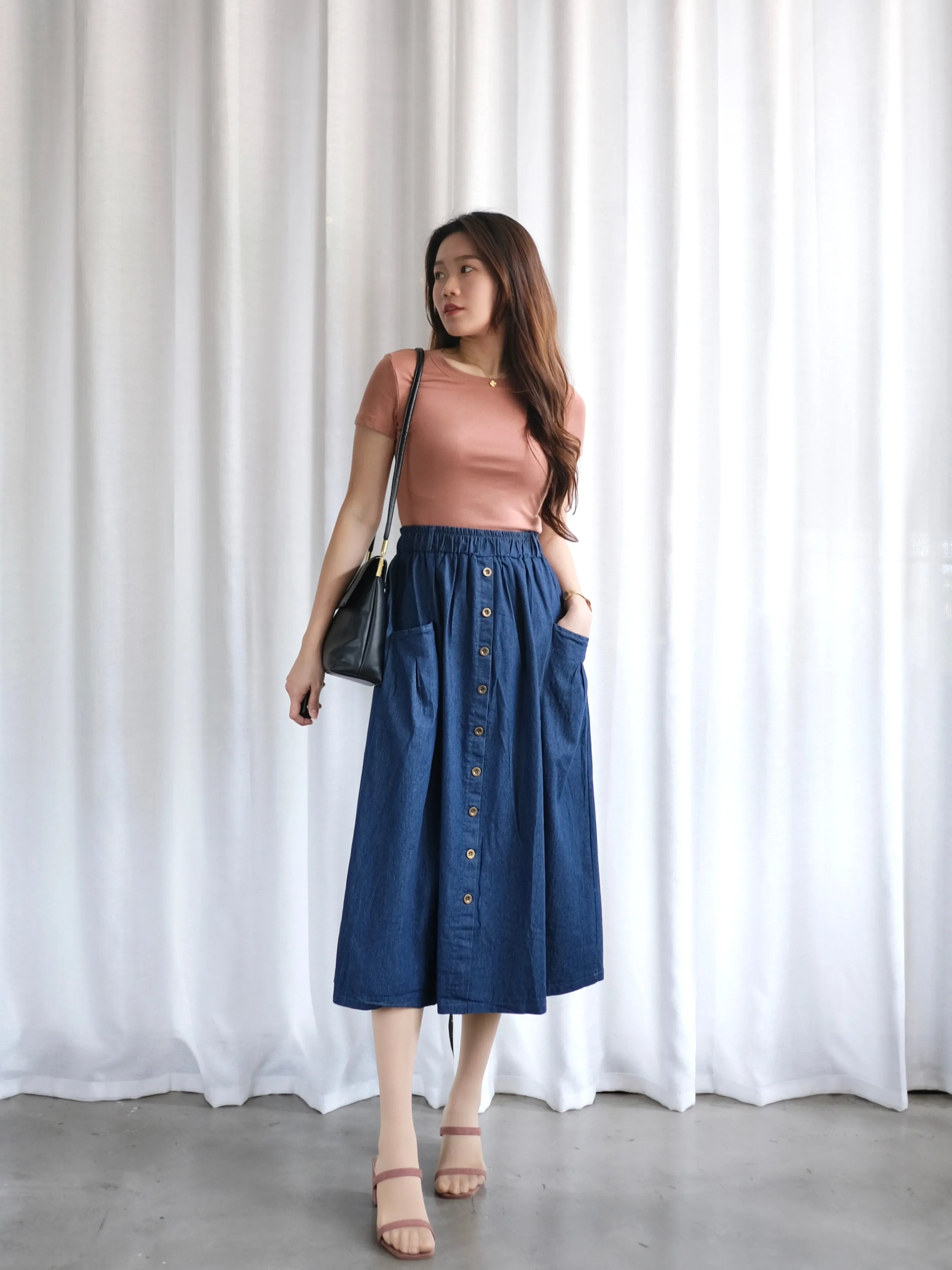 ACEWIN Denim Button Front Midi Skirt (Free Size) 601286