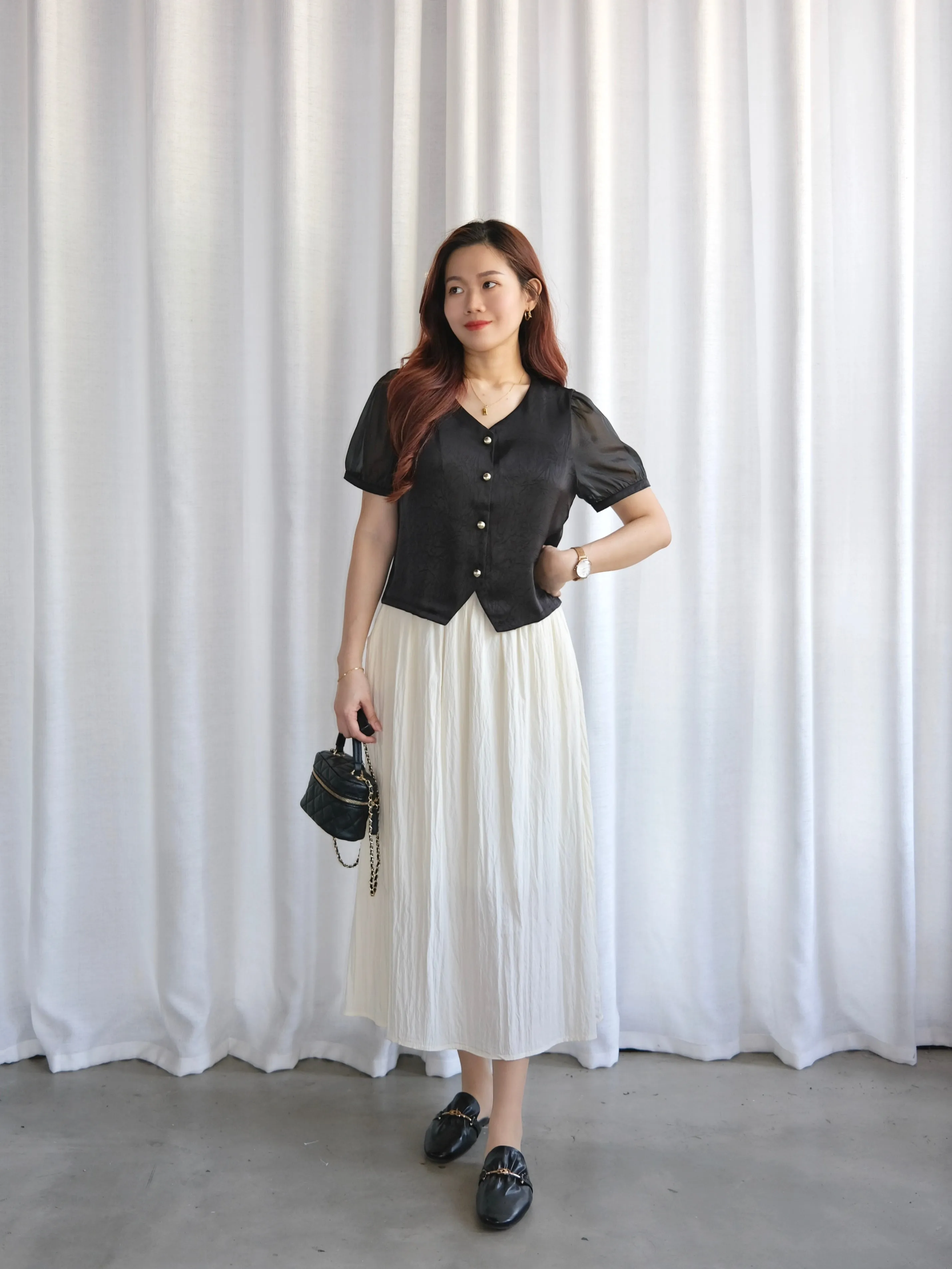 ACEWIN Elastic Waist Drawstring Pockets Midi Skirt (Free Size) 601308