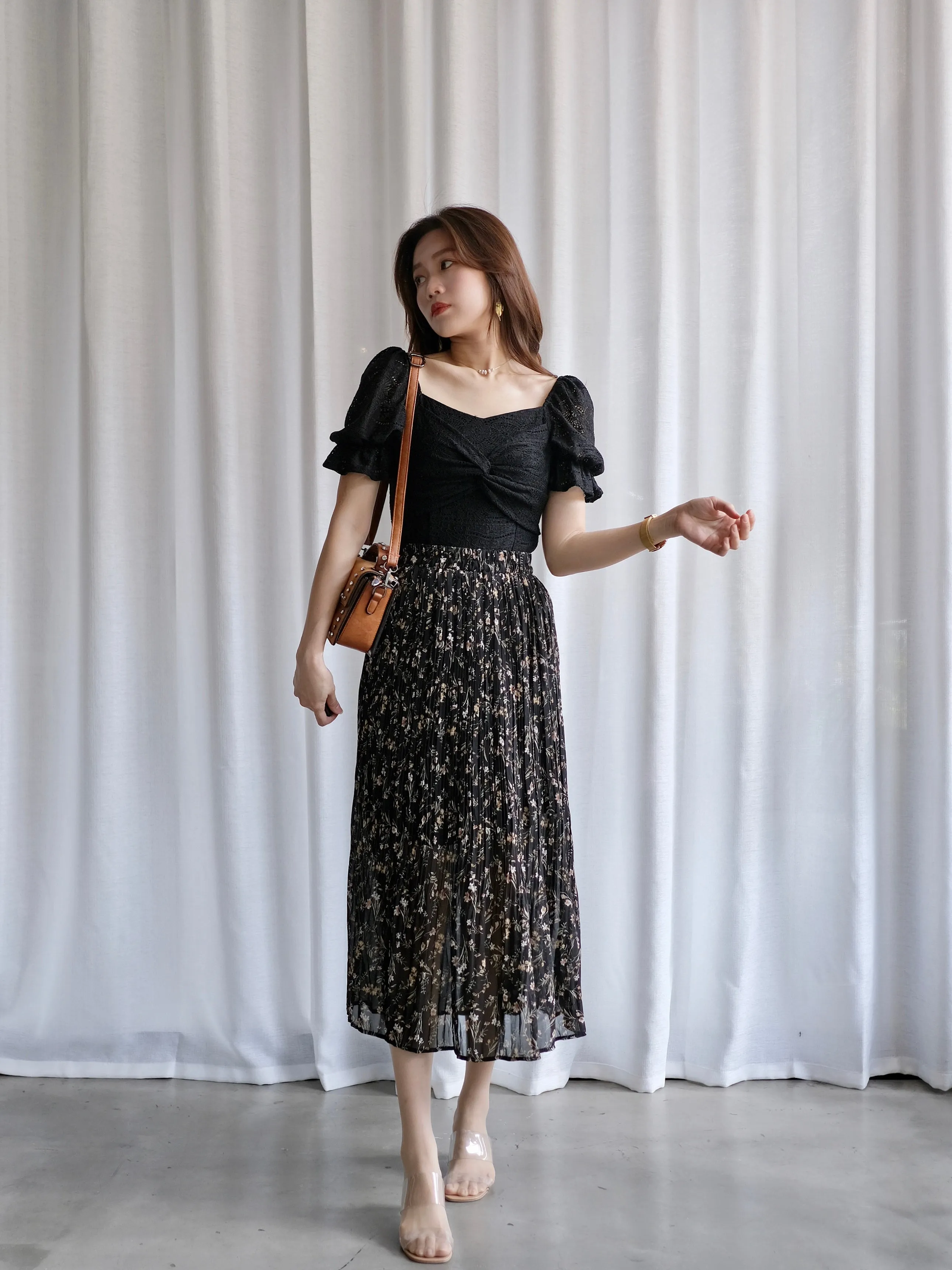 ACEWIN Floral Pleated Midi Skirt (Free Size) 601279