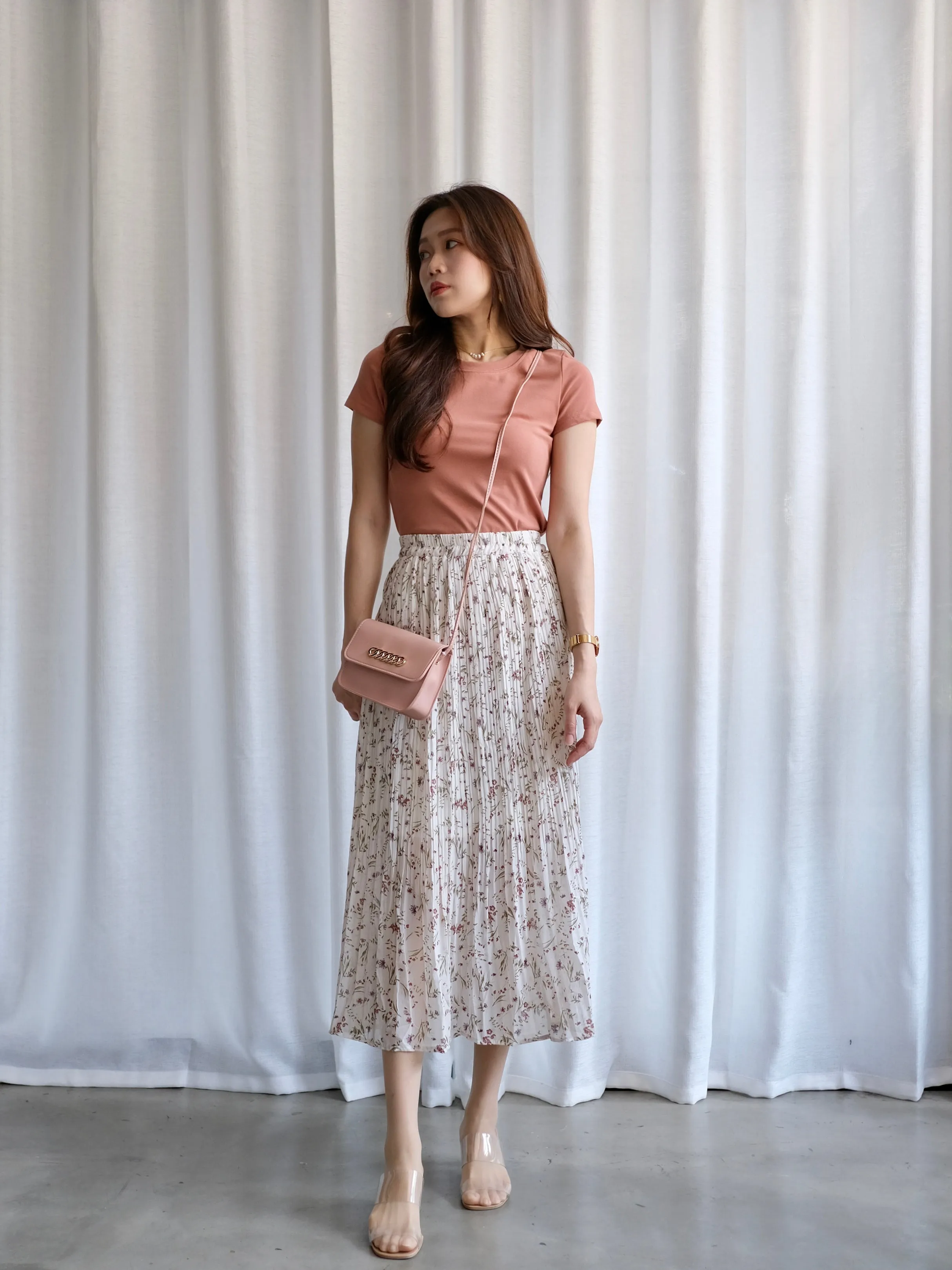 ACEWIN Floral Pleated Midi Skirt (Free Size) 601279