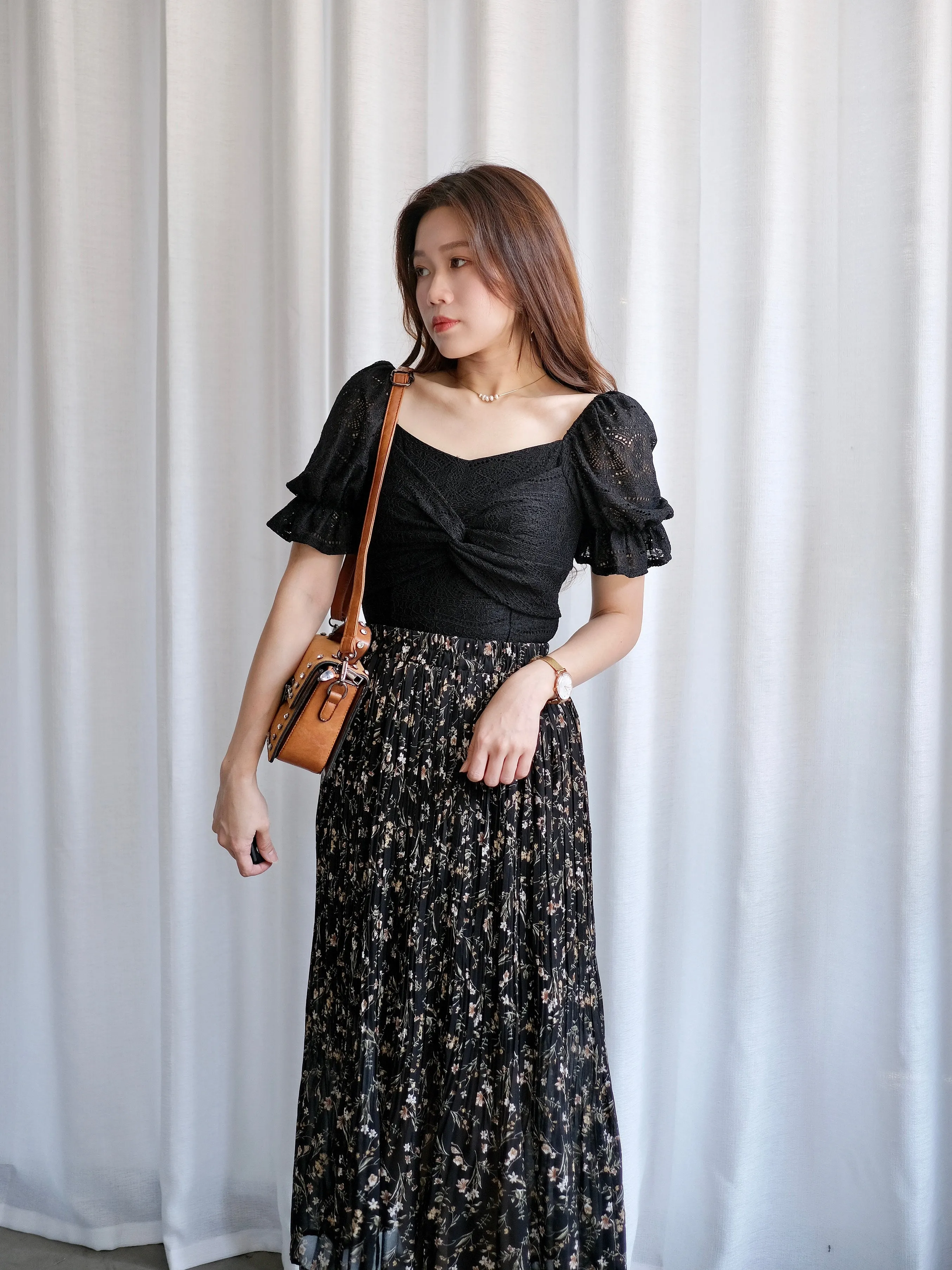 ACEWIN Floral Pleated Midi Skirt (Free Size) 601279