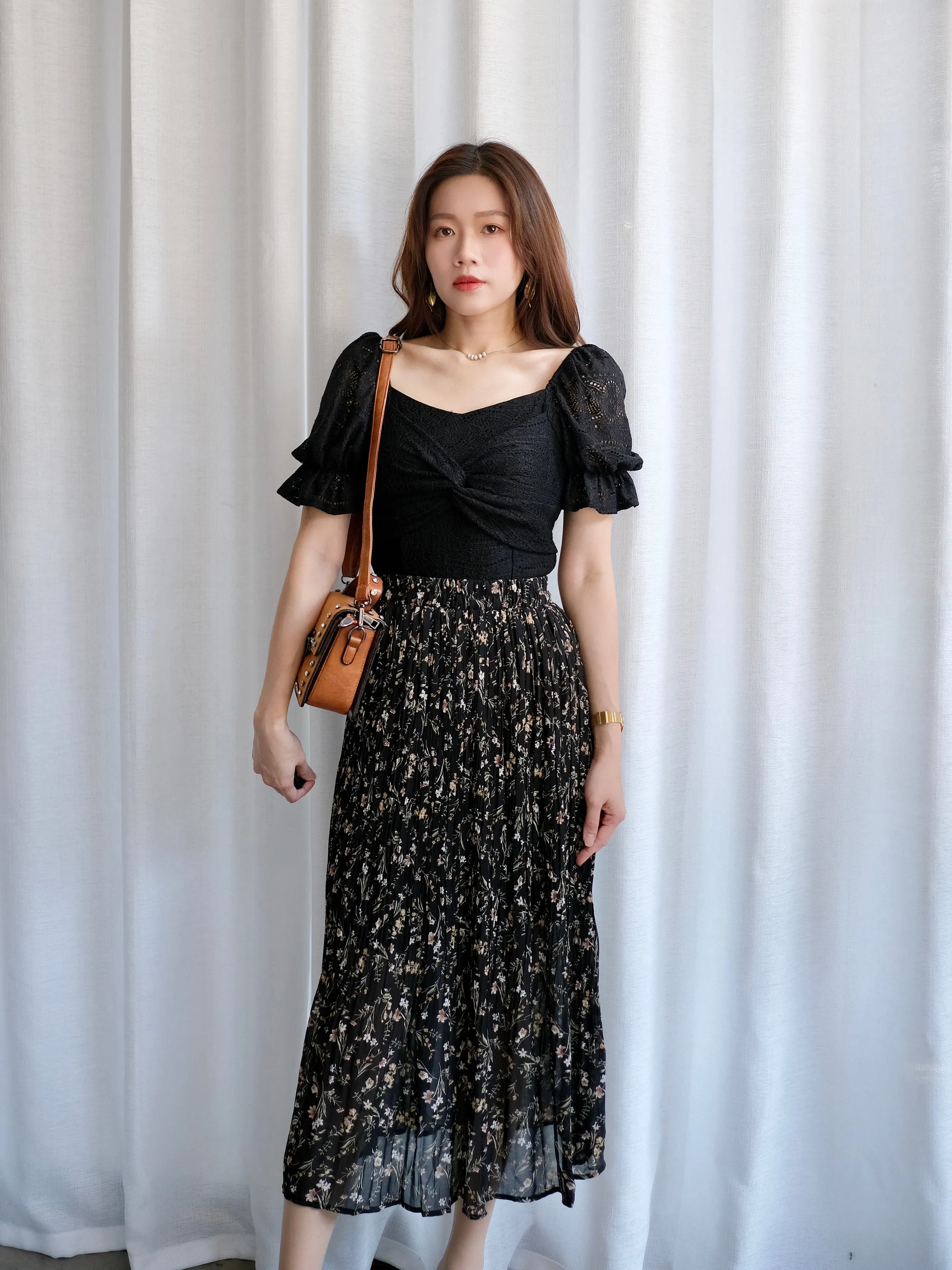 ACEWIN Floral Pleated Midi Skirt (Free Size) 601279