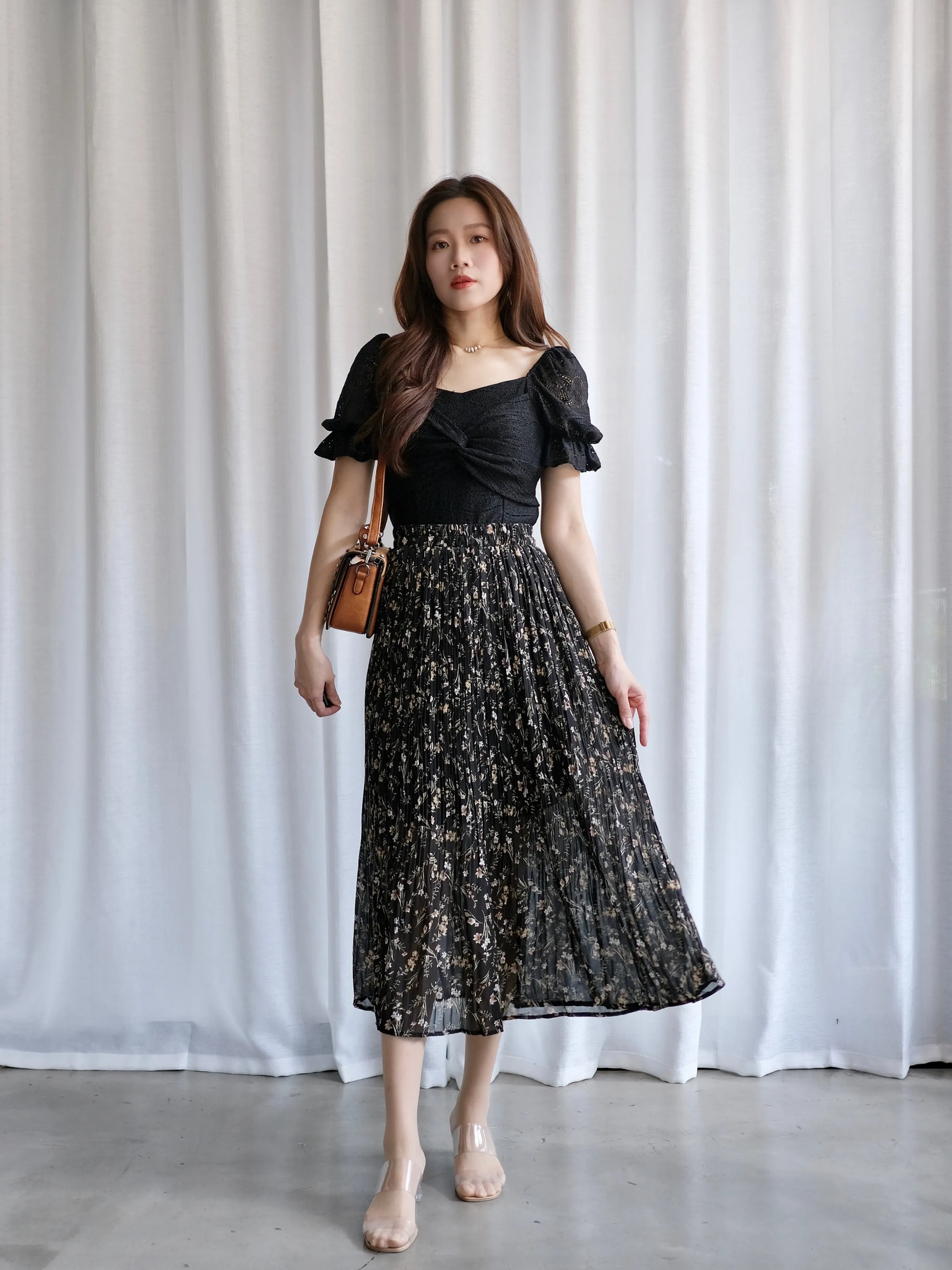 ACEWIN Floral Pleated Midi Skirt (Free Size) 601279