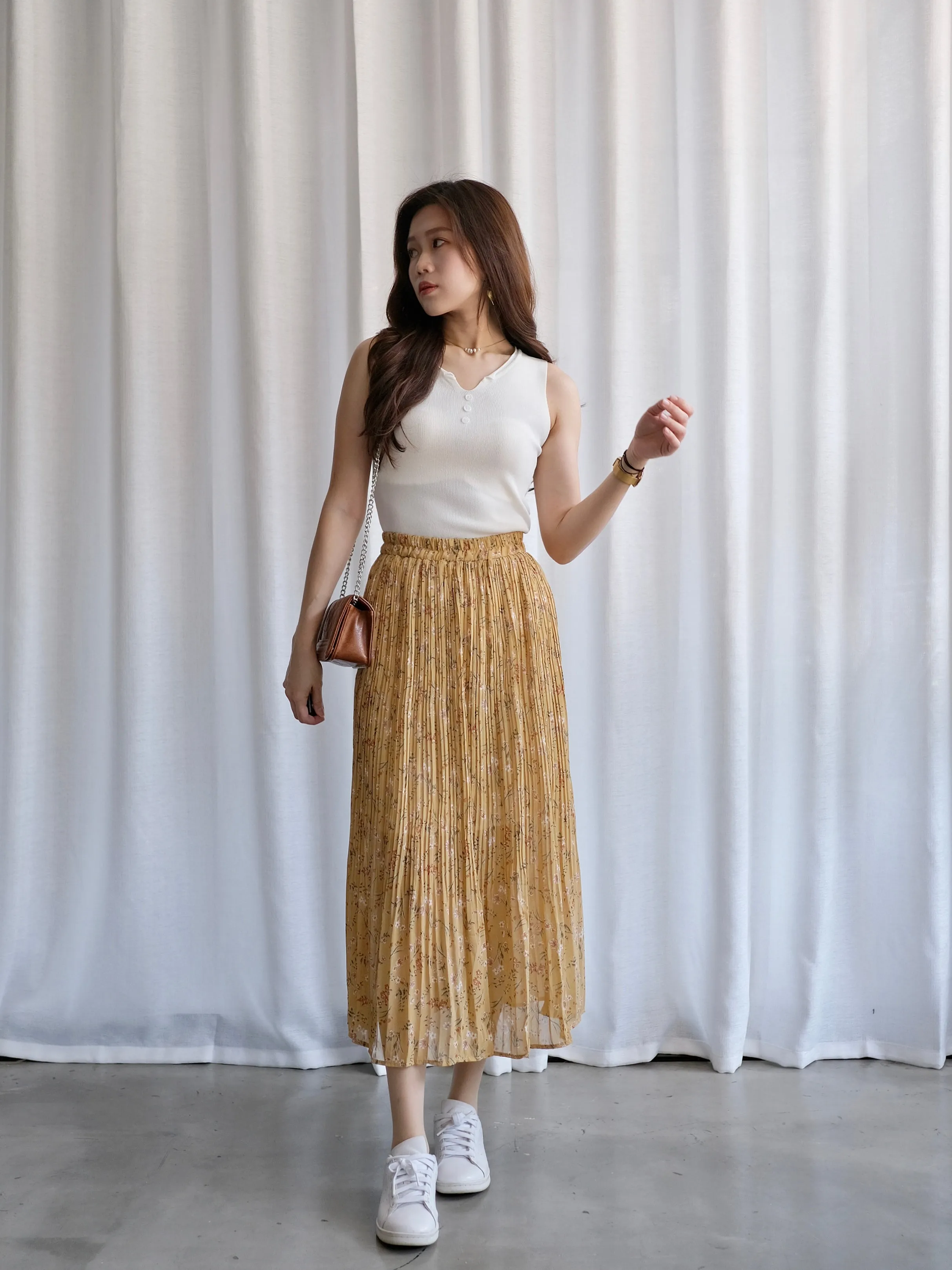 ACEWIN Floral Pleated Midi Skirt (Free Size) 601279