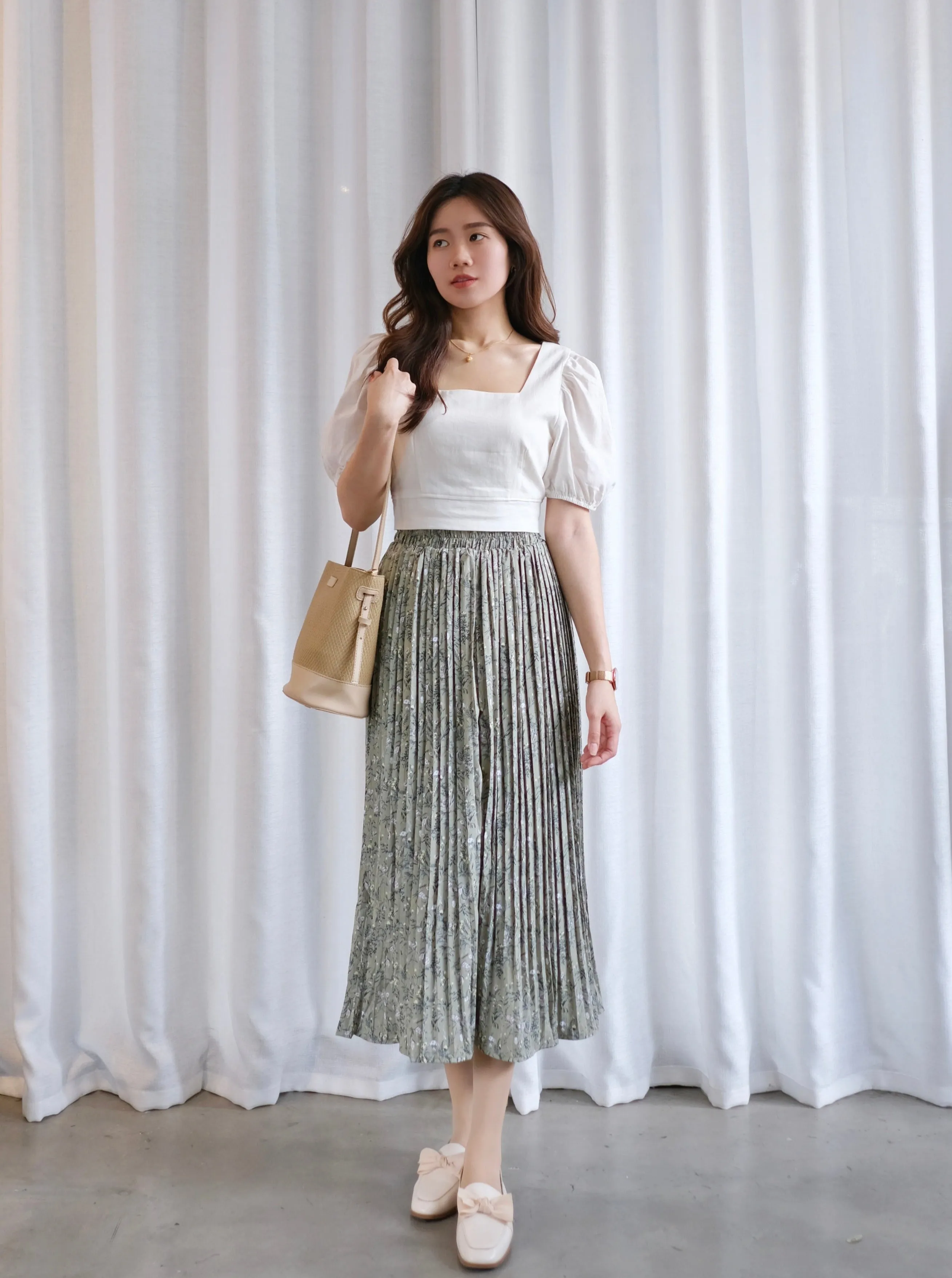 ACEWIN Floral Pleated Midi Skirt (Free Size) 601294