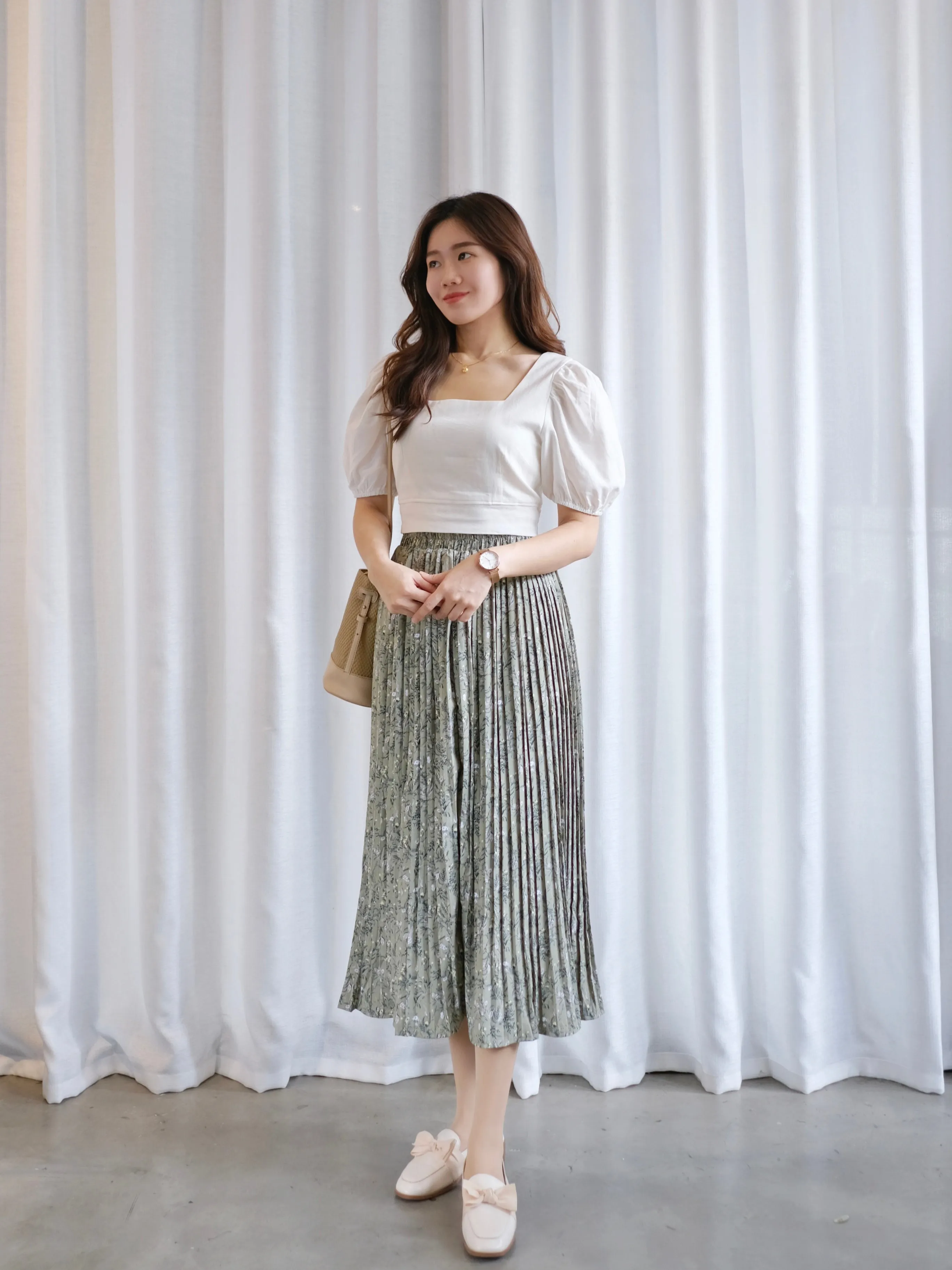 ACEWIN Floral Pleated Midi Skirt (Free Size) 601294