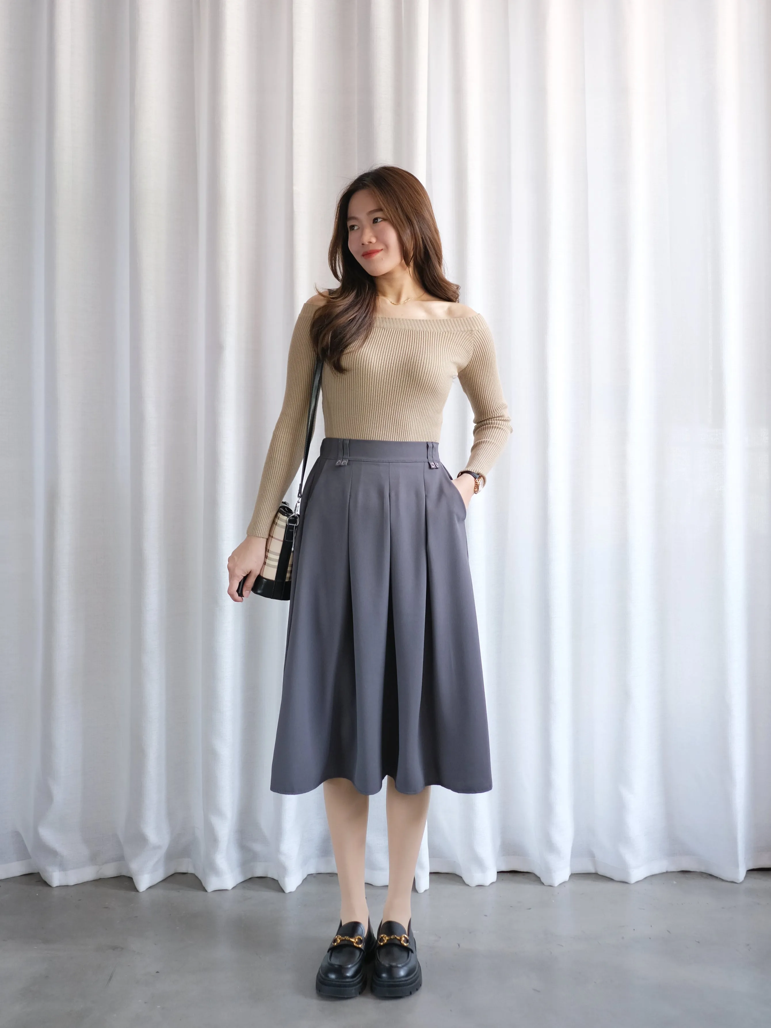 ACEWIN Front Inverted Pleated Midi Skirt (Free Size) 601297