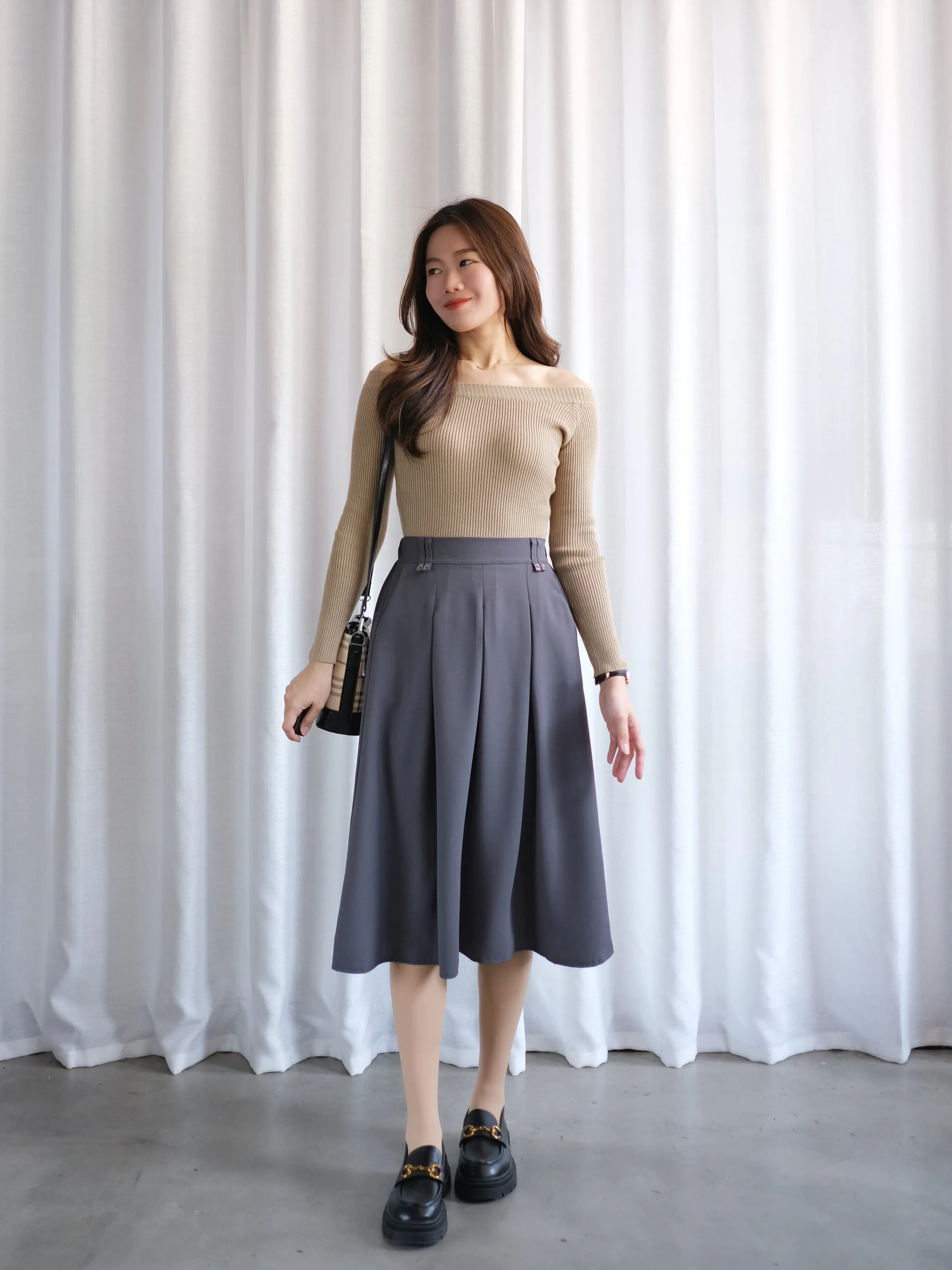 ACEWIN Front Inverted Pleated Midi Skirt (Free Size) 601297