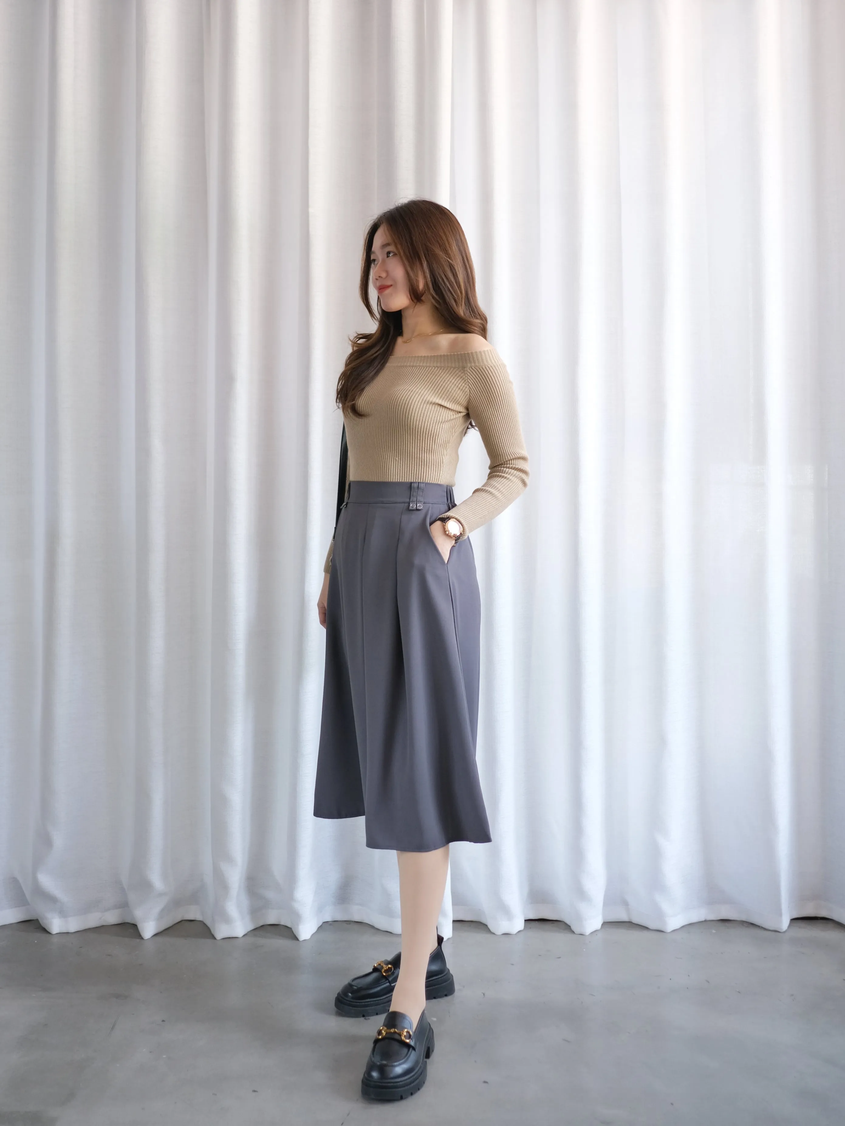 ACEWIN Front Inverted Pleated Midi Skirt (Free Size) 601297