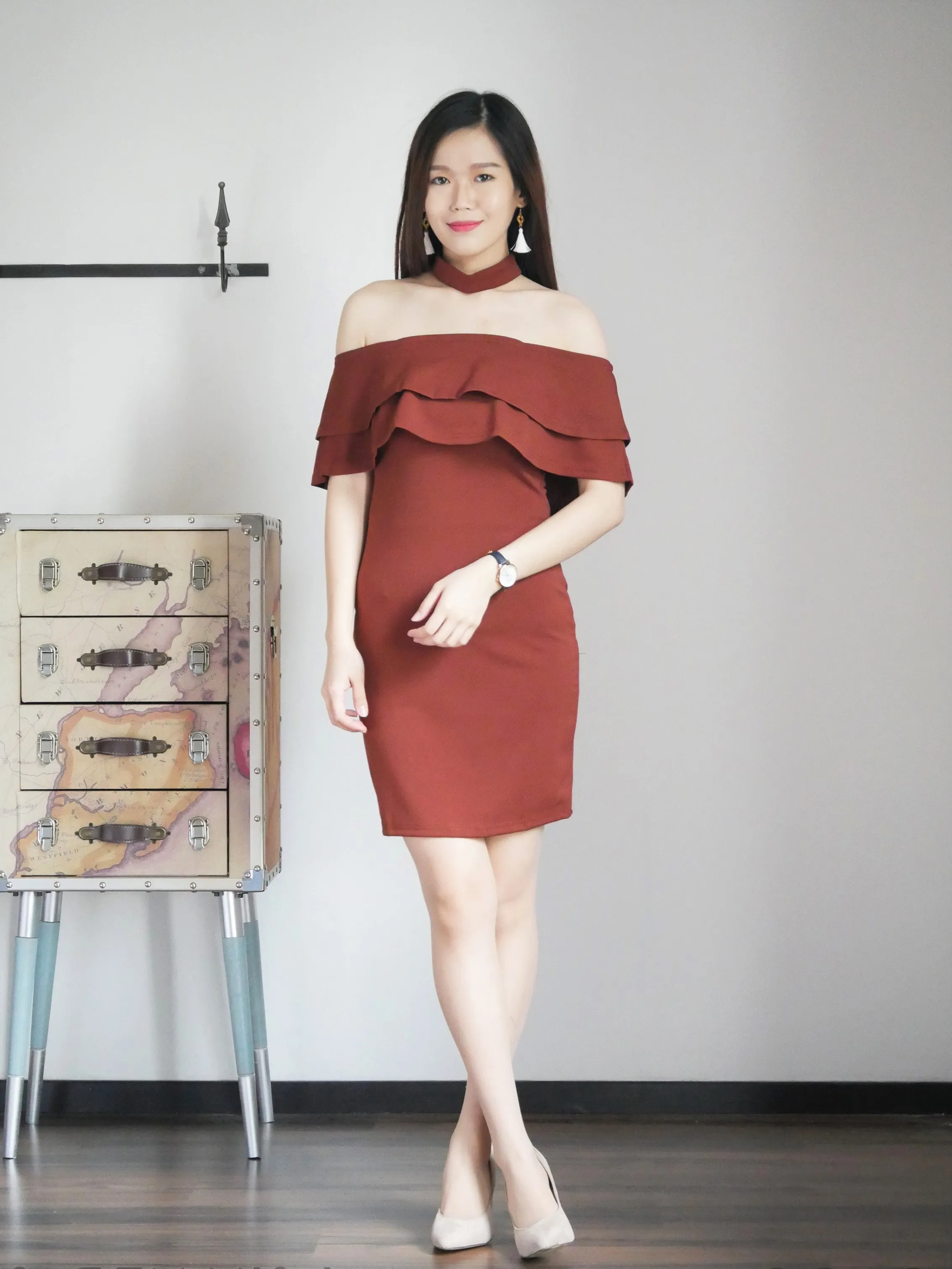 ACEWIN Off Shoulder Flounce Bodycon Mini Dress (Size S-M) 702729