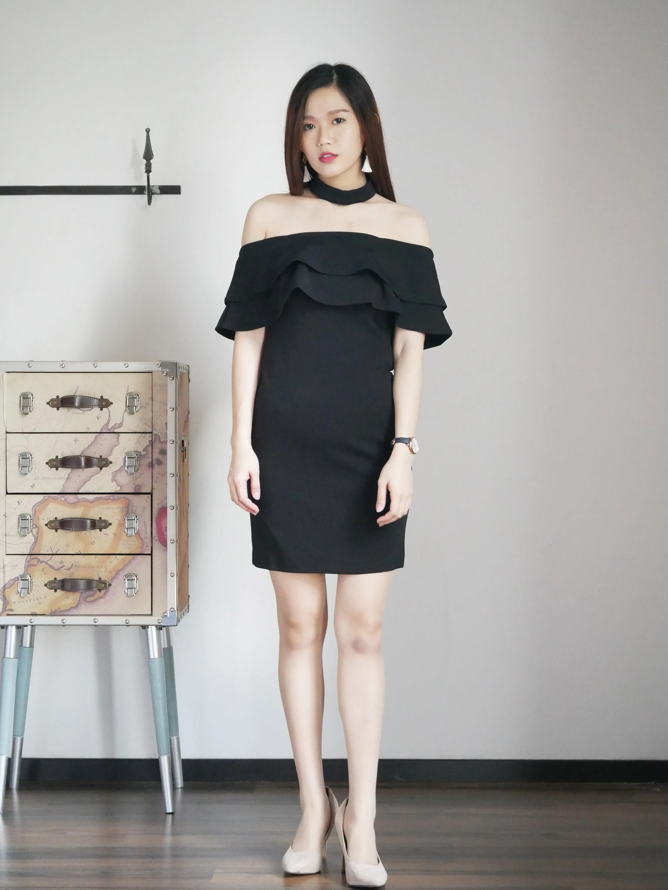 ACEWIN Off Shoulder Flounce Bodycon Mini Dress (Size S-M) 702729