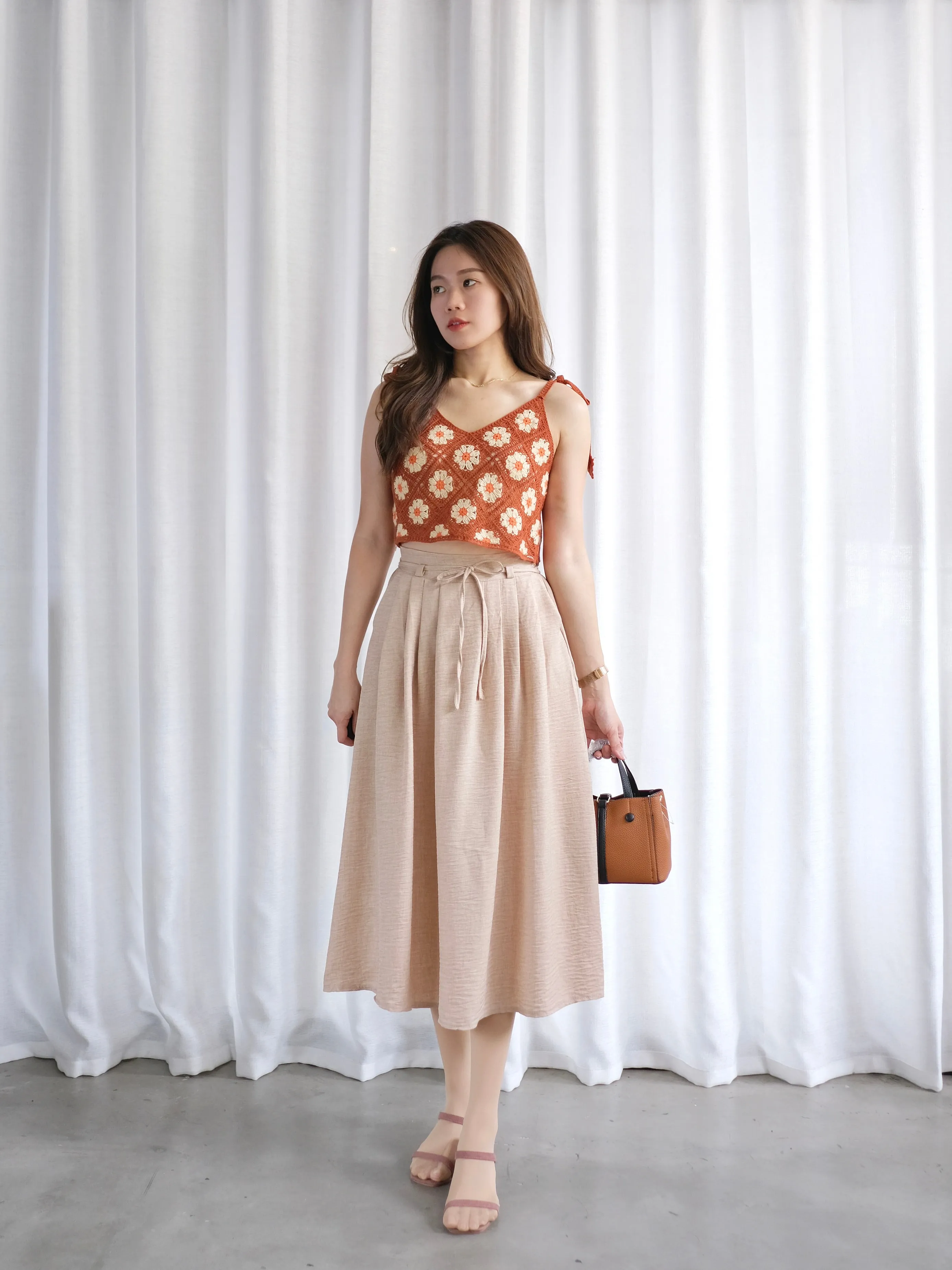ACEWIN Tie Waist Front Pleated Midi Skirt (Free Size) 601296