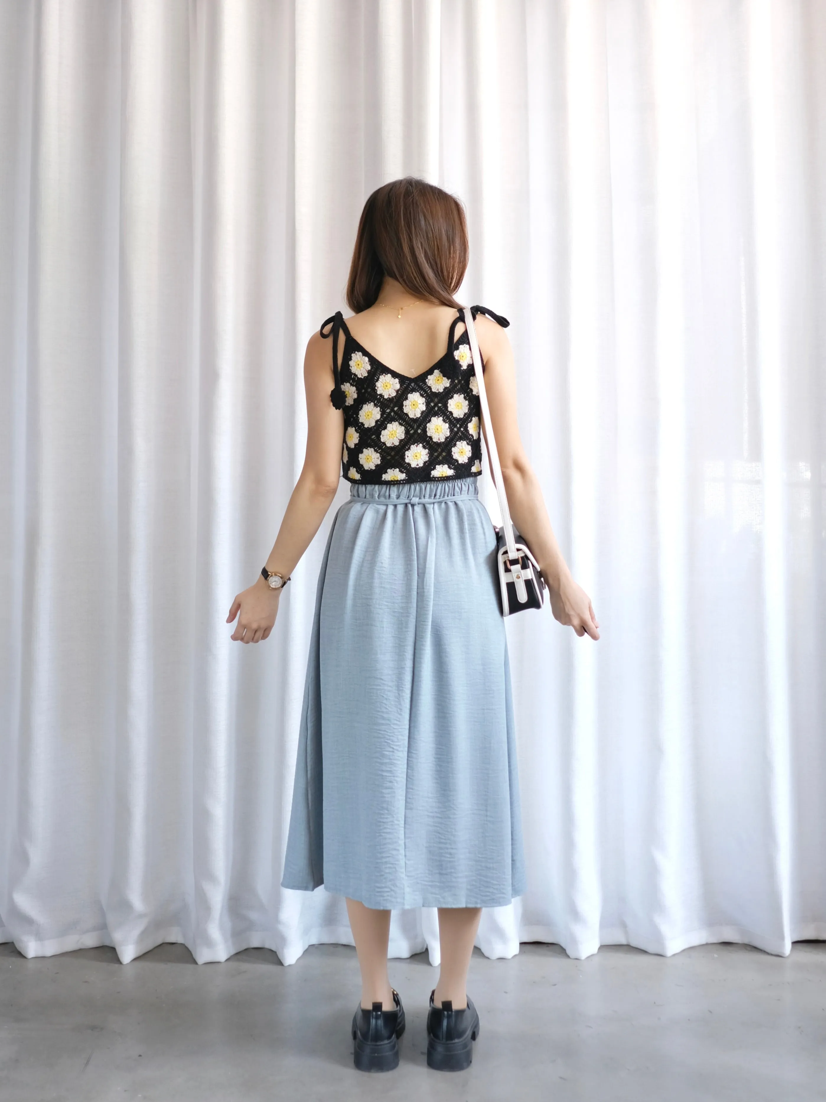 ACEWIN Tie Waist Front Pleated Midi Skirt (Free Size) 601296