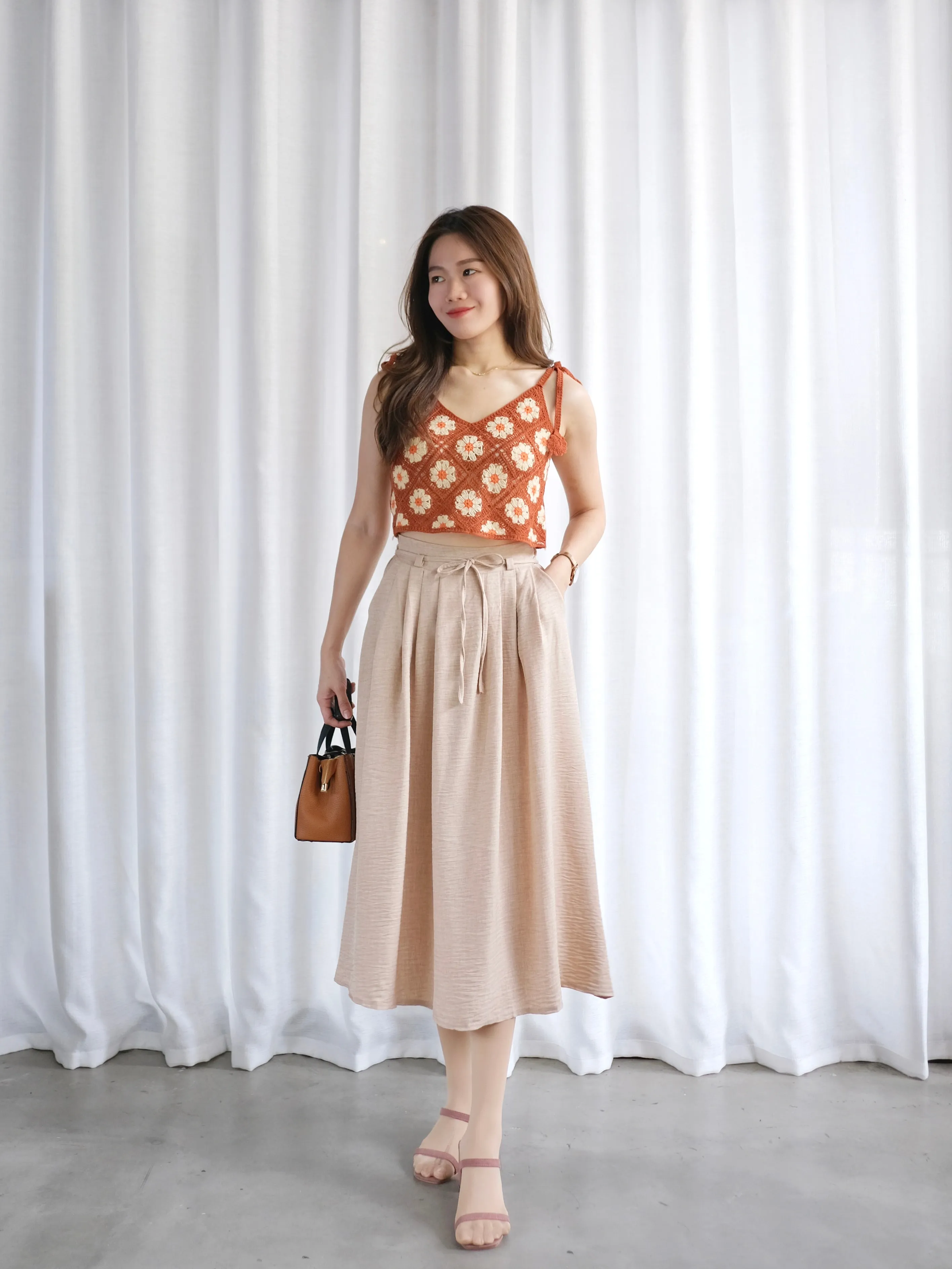 ACEWIN Tie Waist Front Pleated Midi Skirt (Free Size) 601296