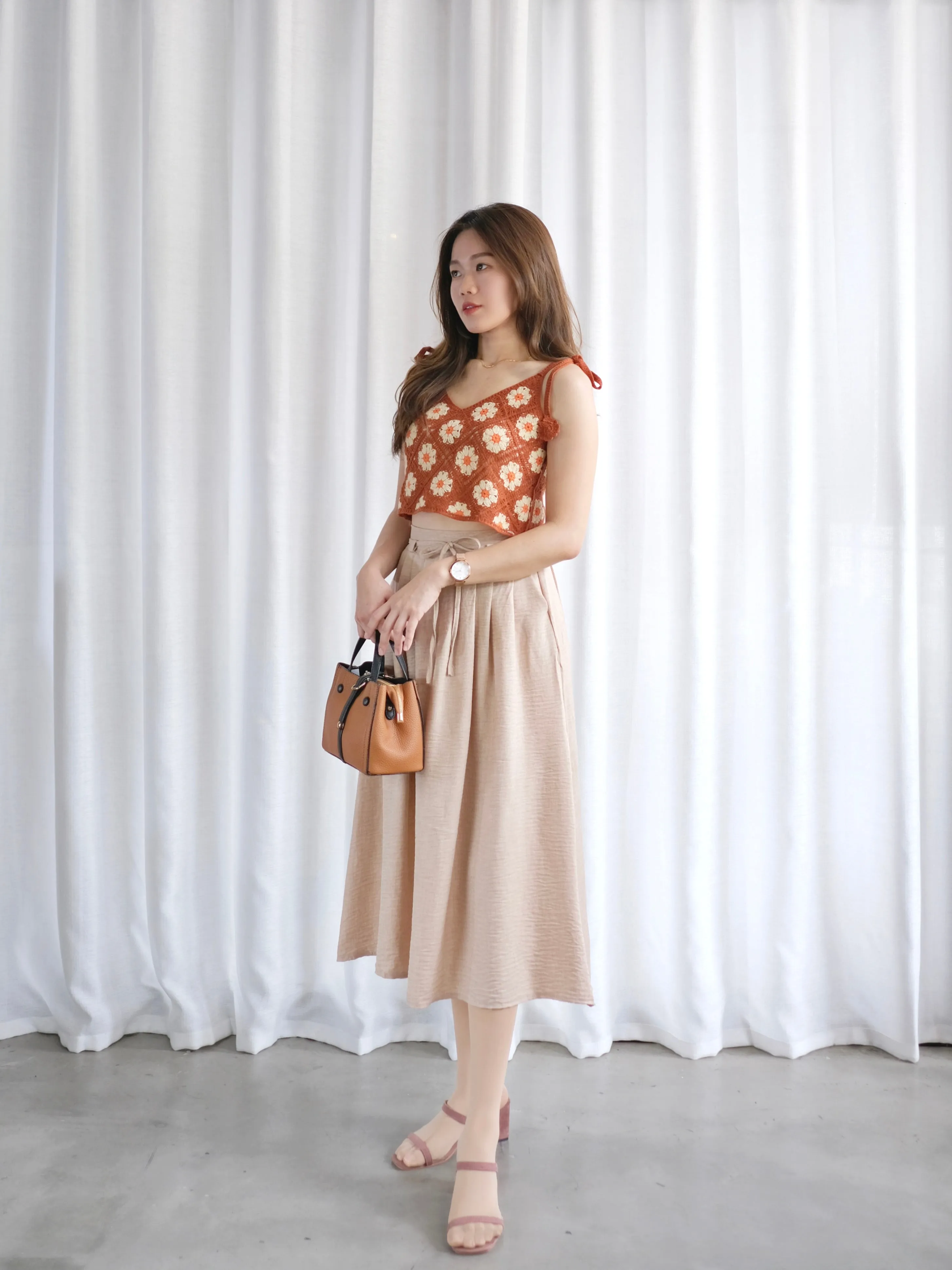 ACEWIN Tie Waist Front Pleated Midi Skirt (Free Size) 601296