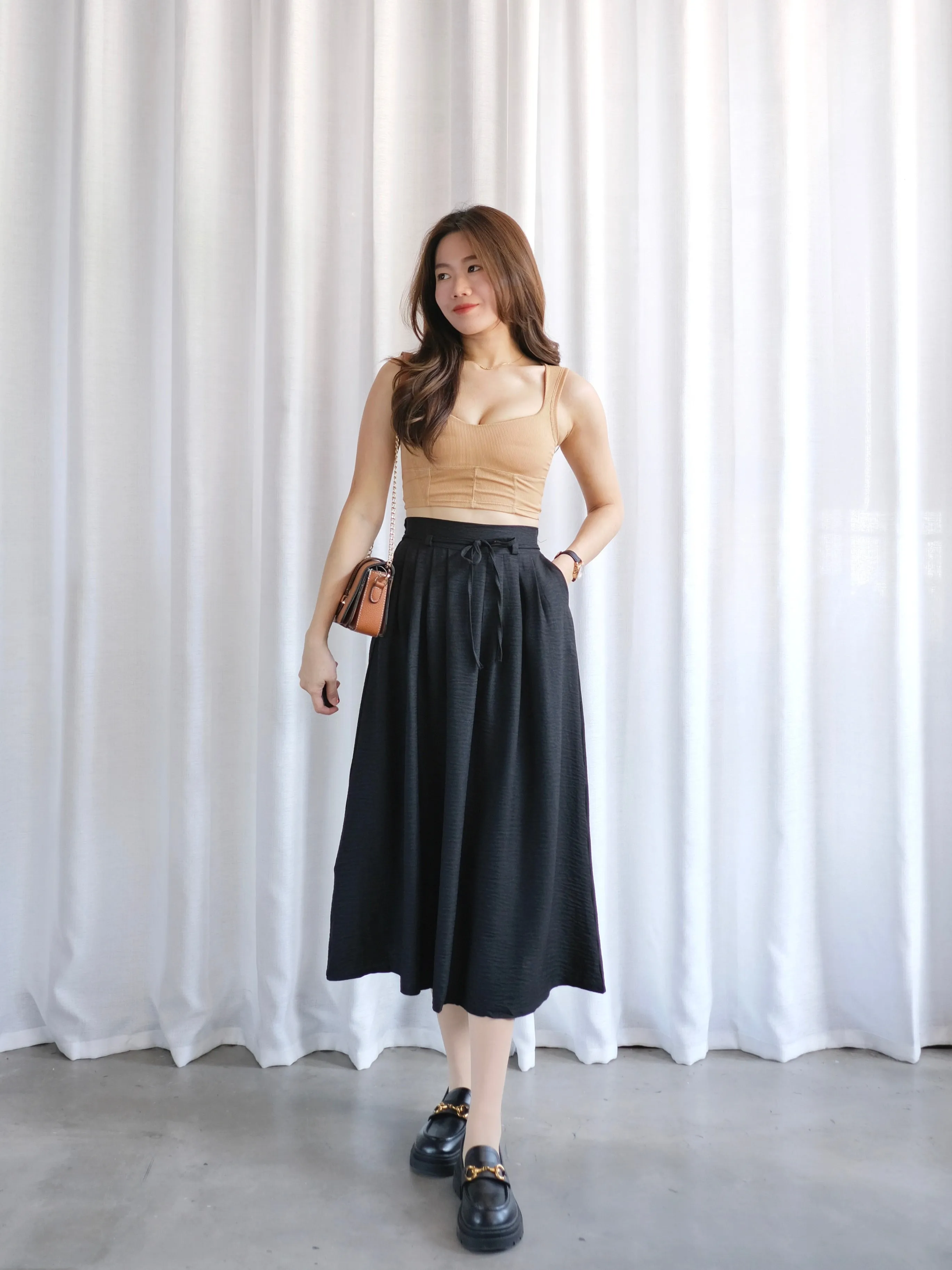 ACEWIN Tie Waist Front Pleated Midi Skirt (Free Size) 601296