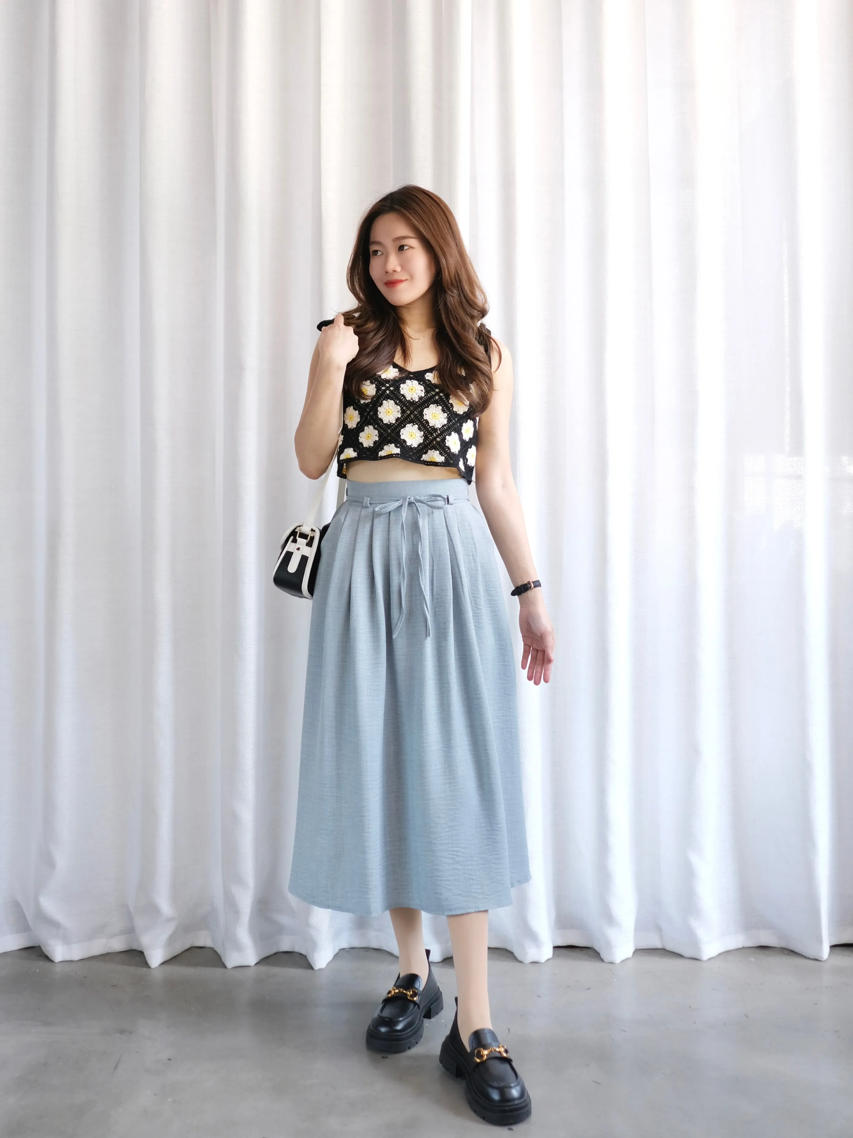 ACEWIN Tie Waist Front Pleated Midi Skirt (Free Size) 601296