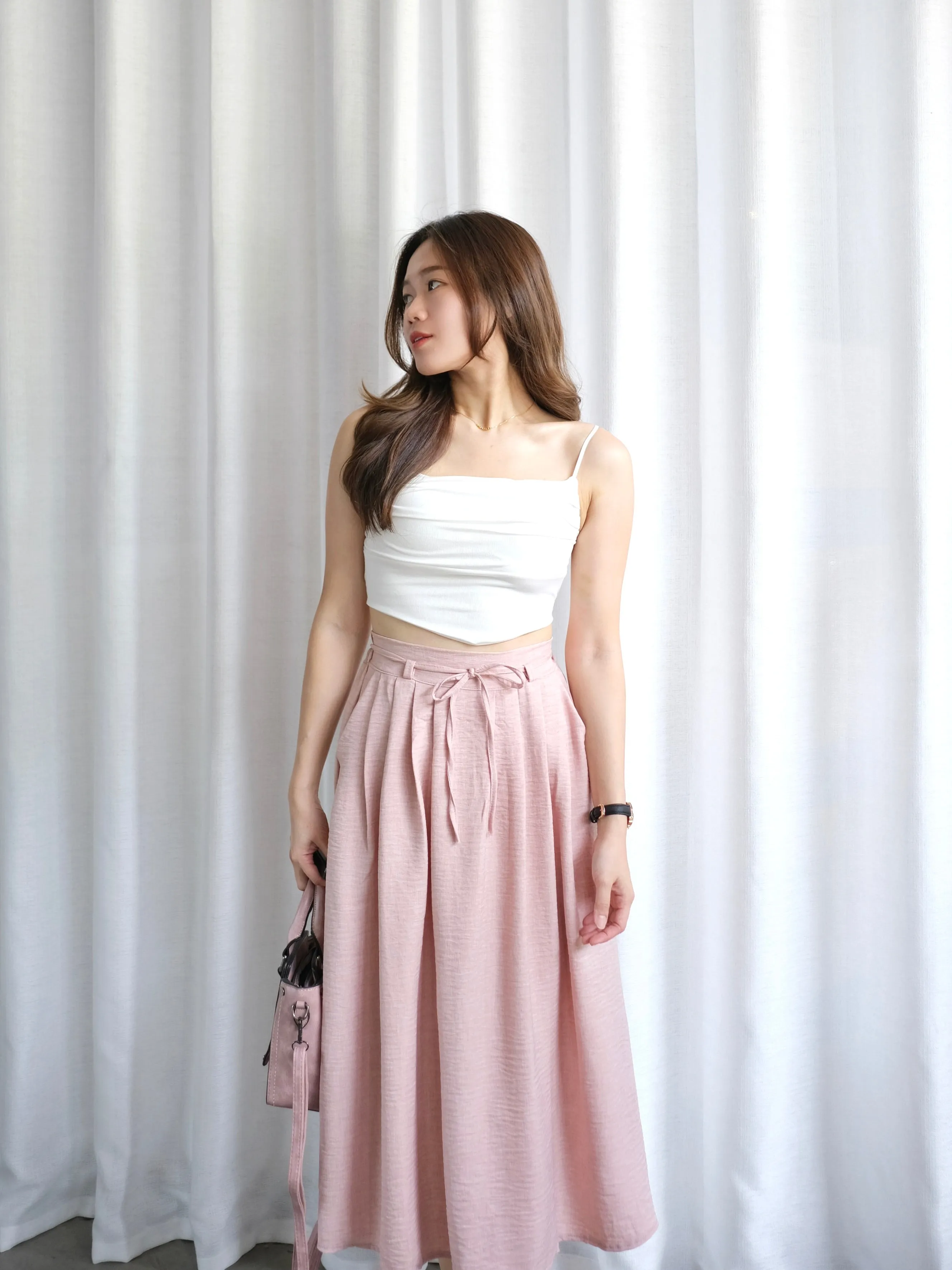 ACEWIN Tie Waist Front Pleated Midi Skirt (Free Size) 601296