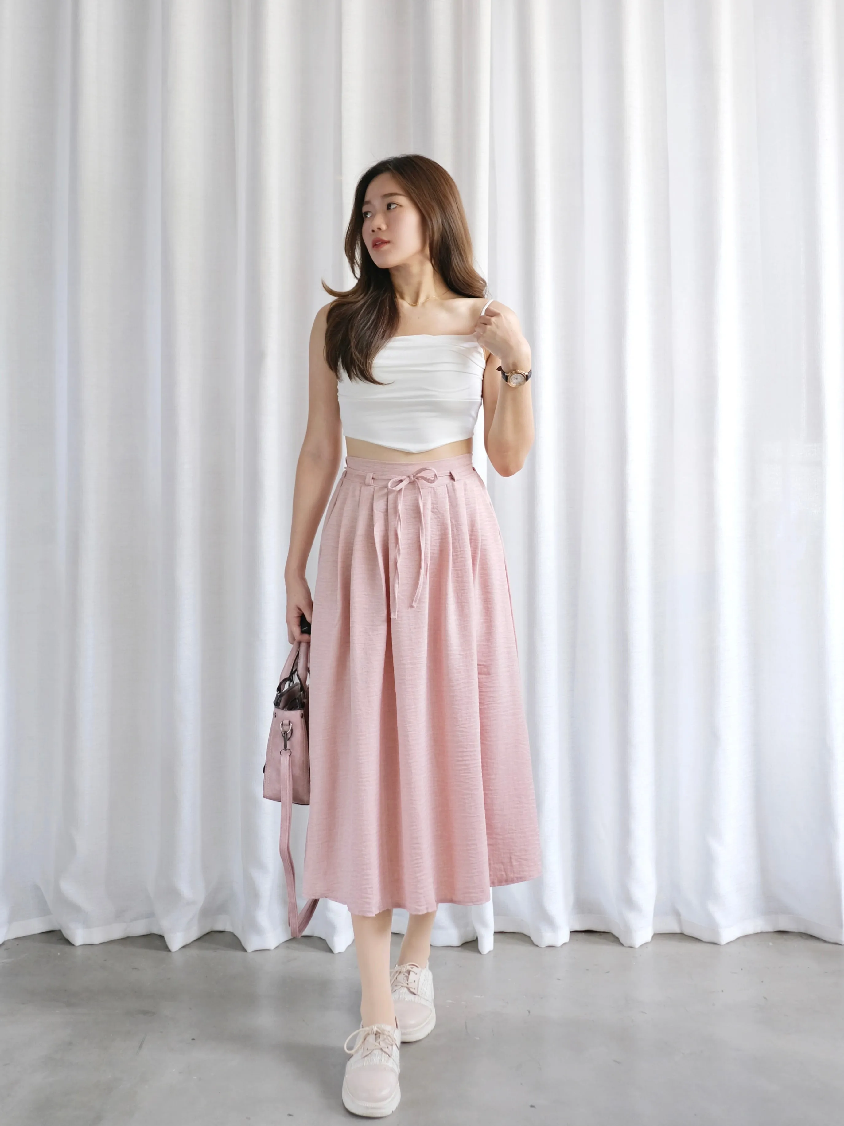 ACEWIN Tie Waist Front Pleated Midi Skirt (Free Size) 601296