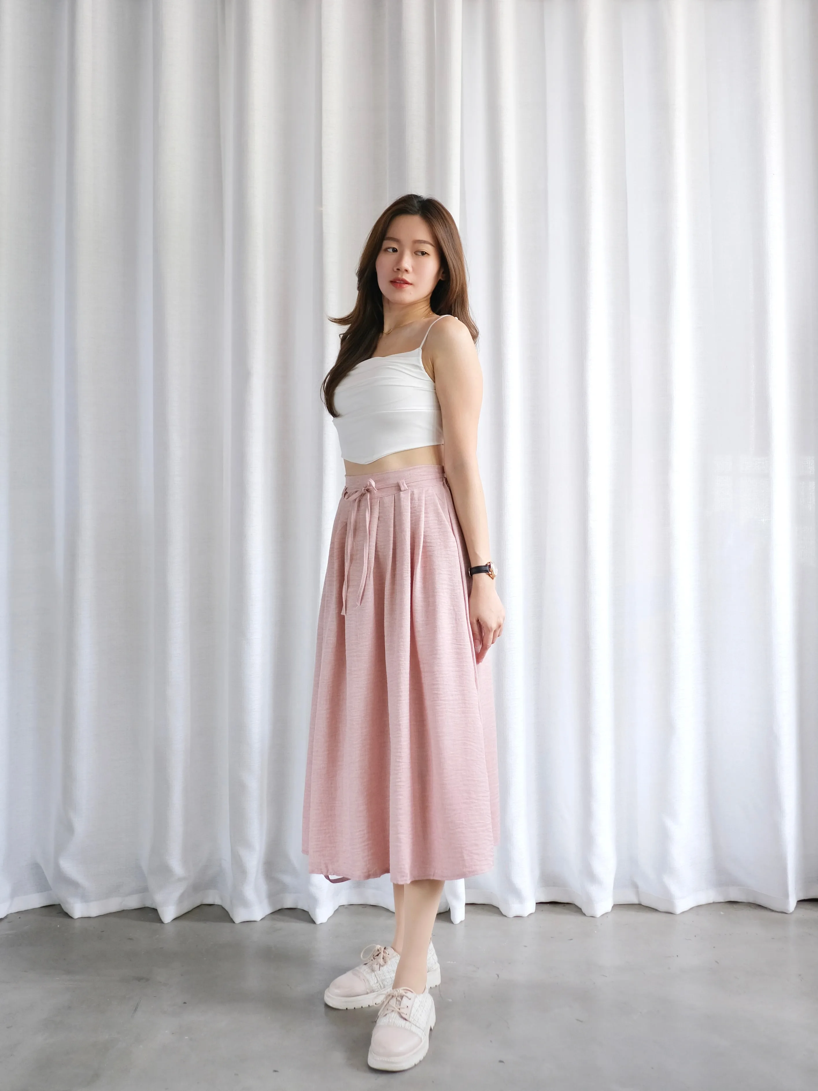 ACEWIN Tie Waist Front Pleated Midi Skirt (Free Size) 601296