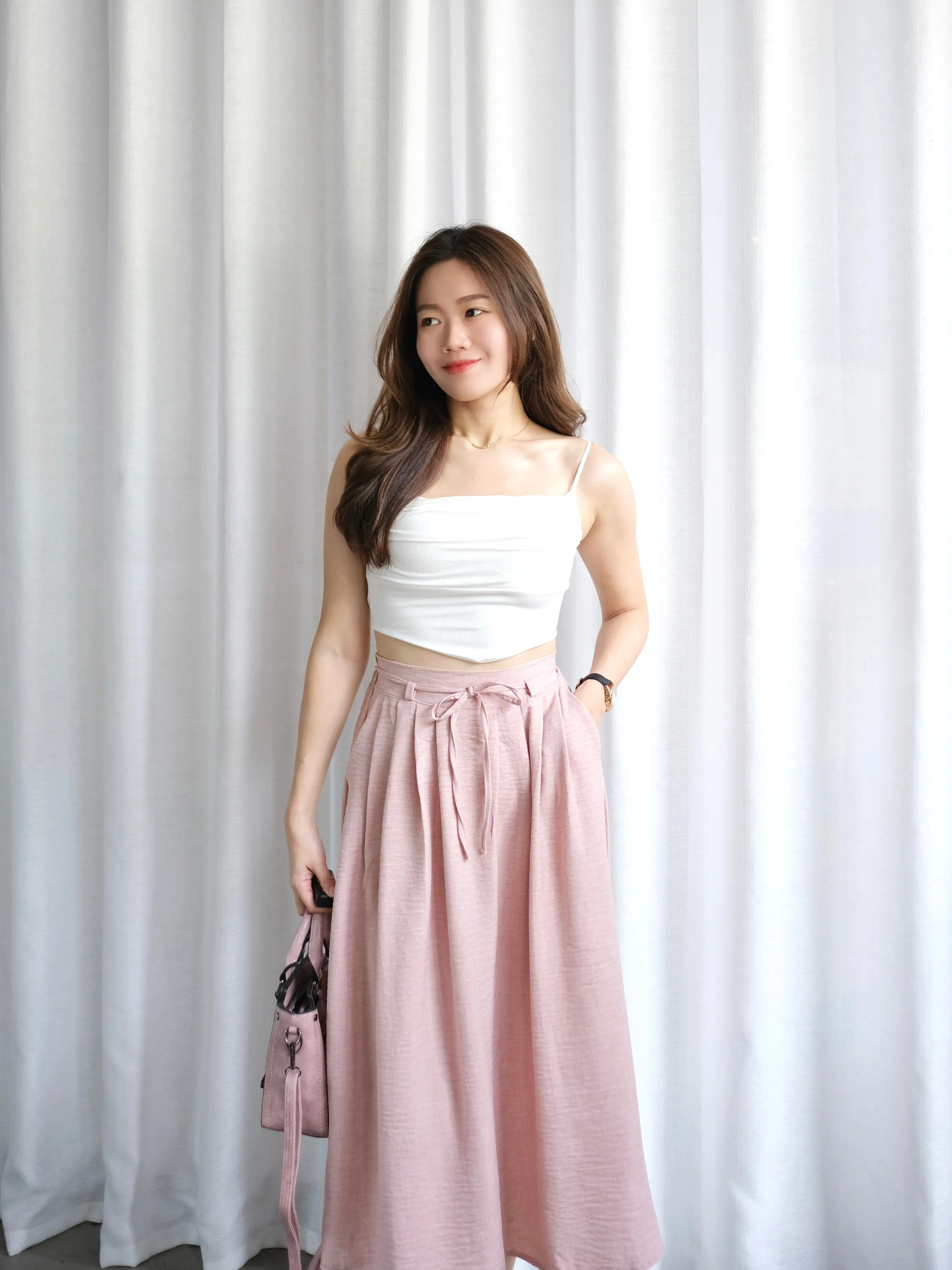 ACEWIN Tie Waist Front Pleated Midi Skirt (Free Size) 601296