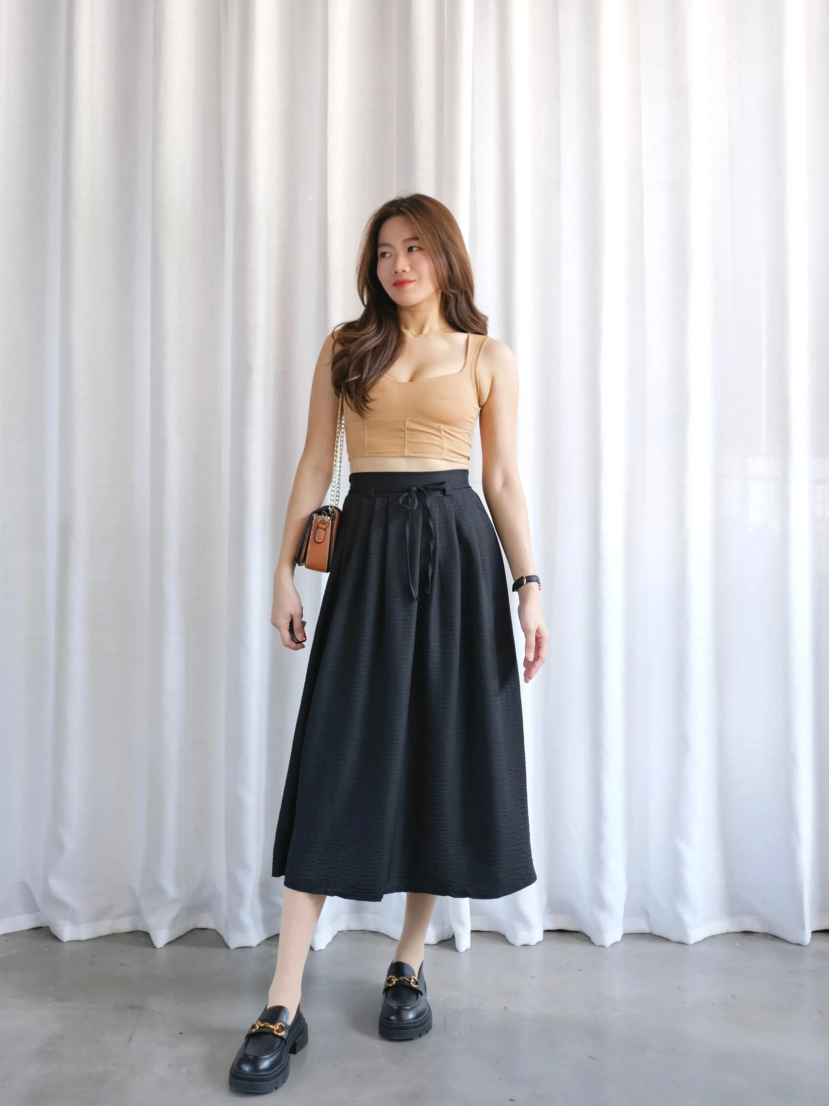 ACEWIN Tie Waist Front Pleated Midi Skirt (Free Size) 601296
