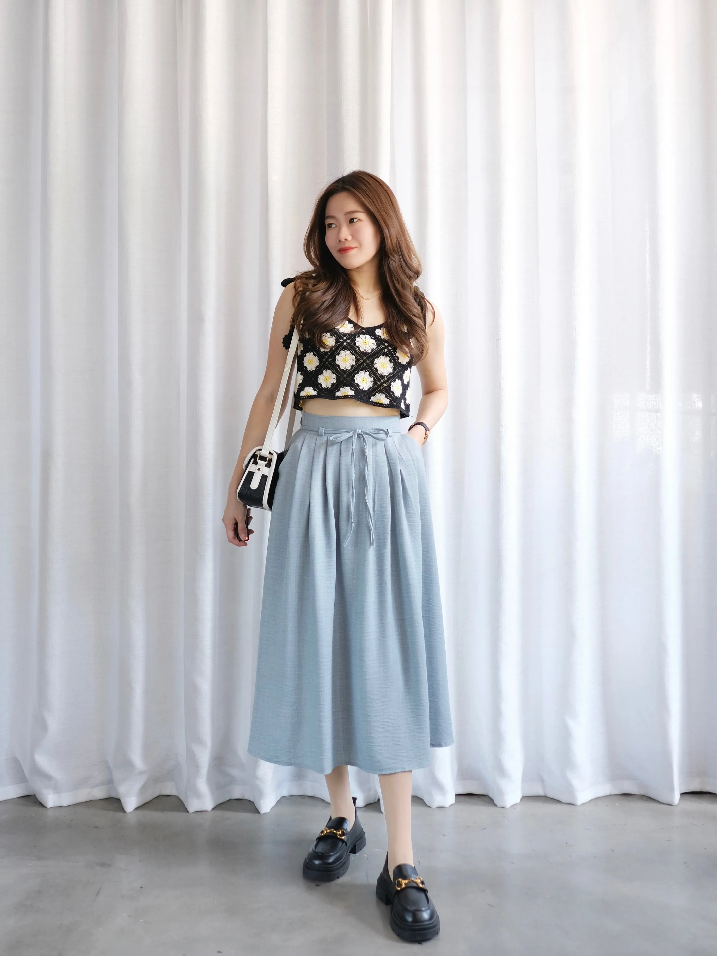 ACEWIN Tie Waist Front Pleated Midi Skirt (Free Size) 601296