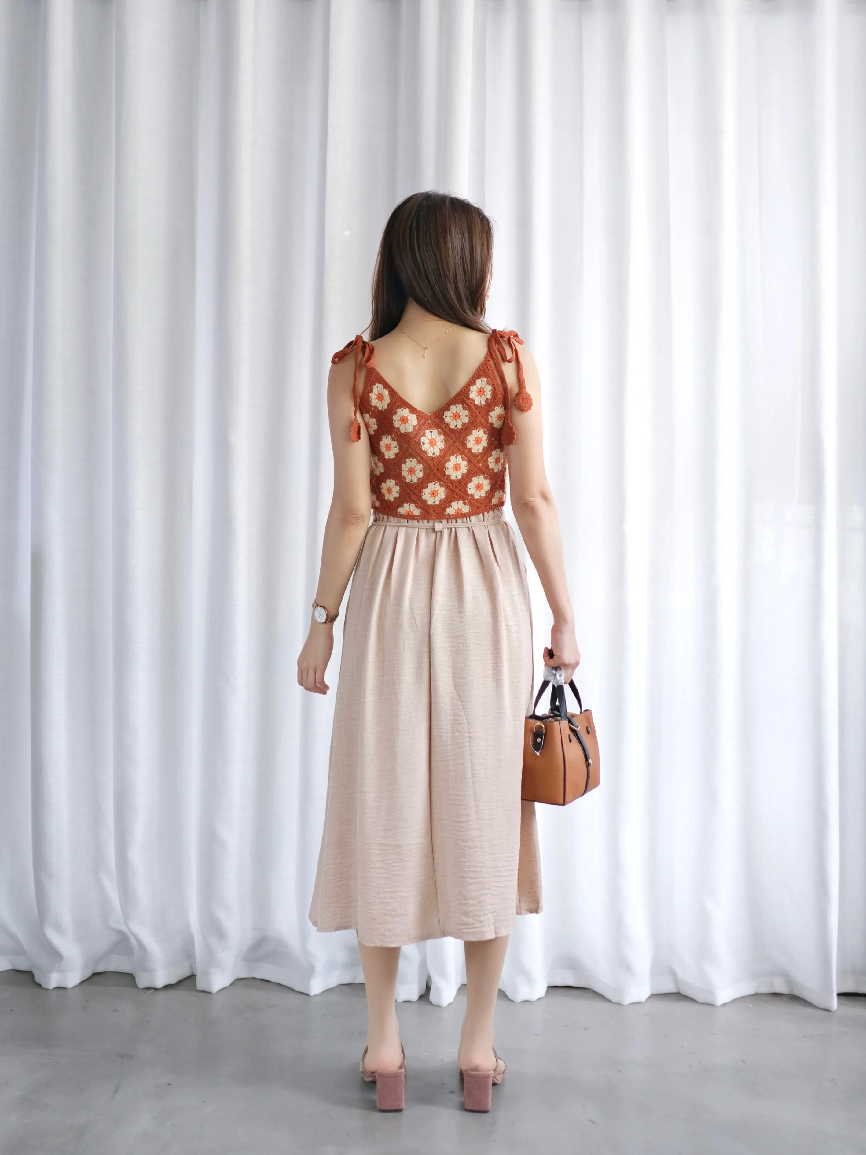 ACEWIN Tie Waist Front Pleated Midi Skirt (Free Size) 601296