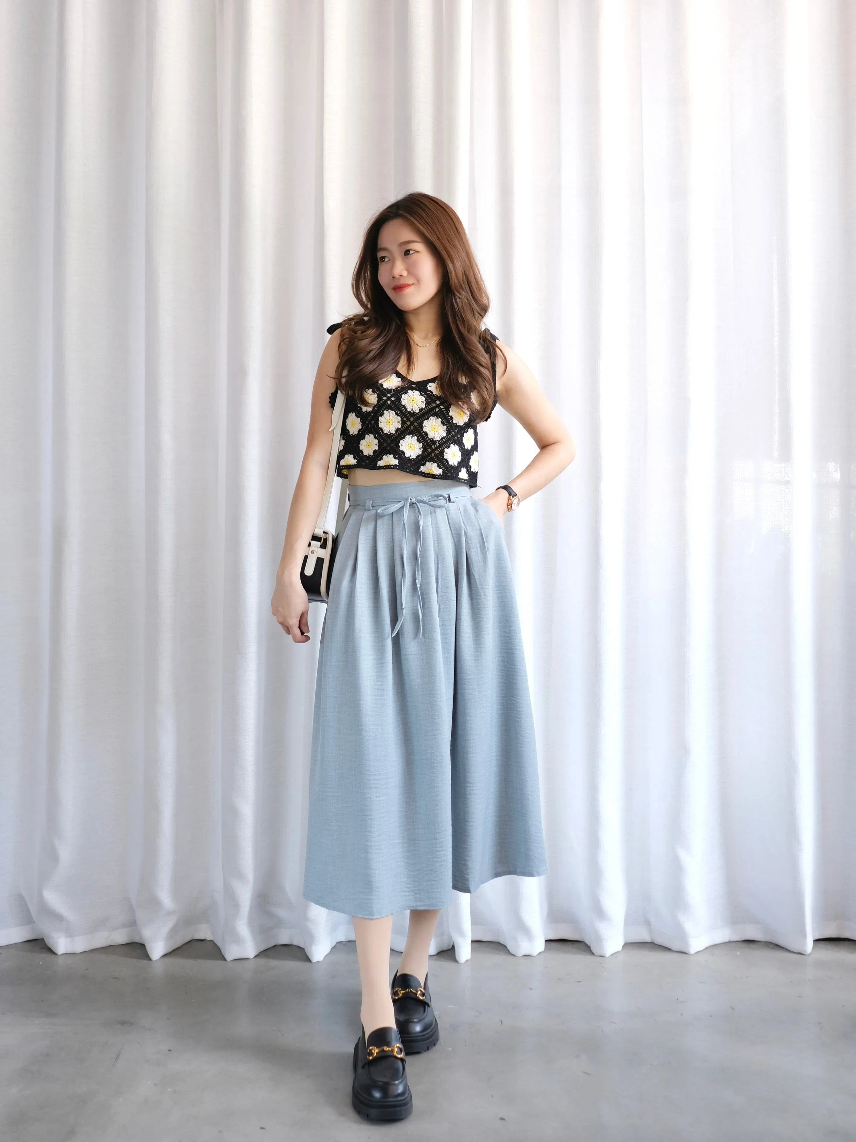 ACEWIN Tie Waist Front Pleated Midi Skirt (Free Size) 601296