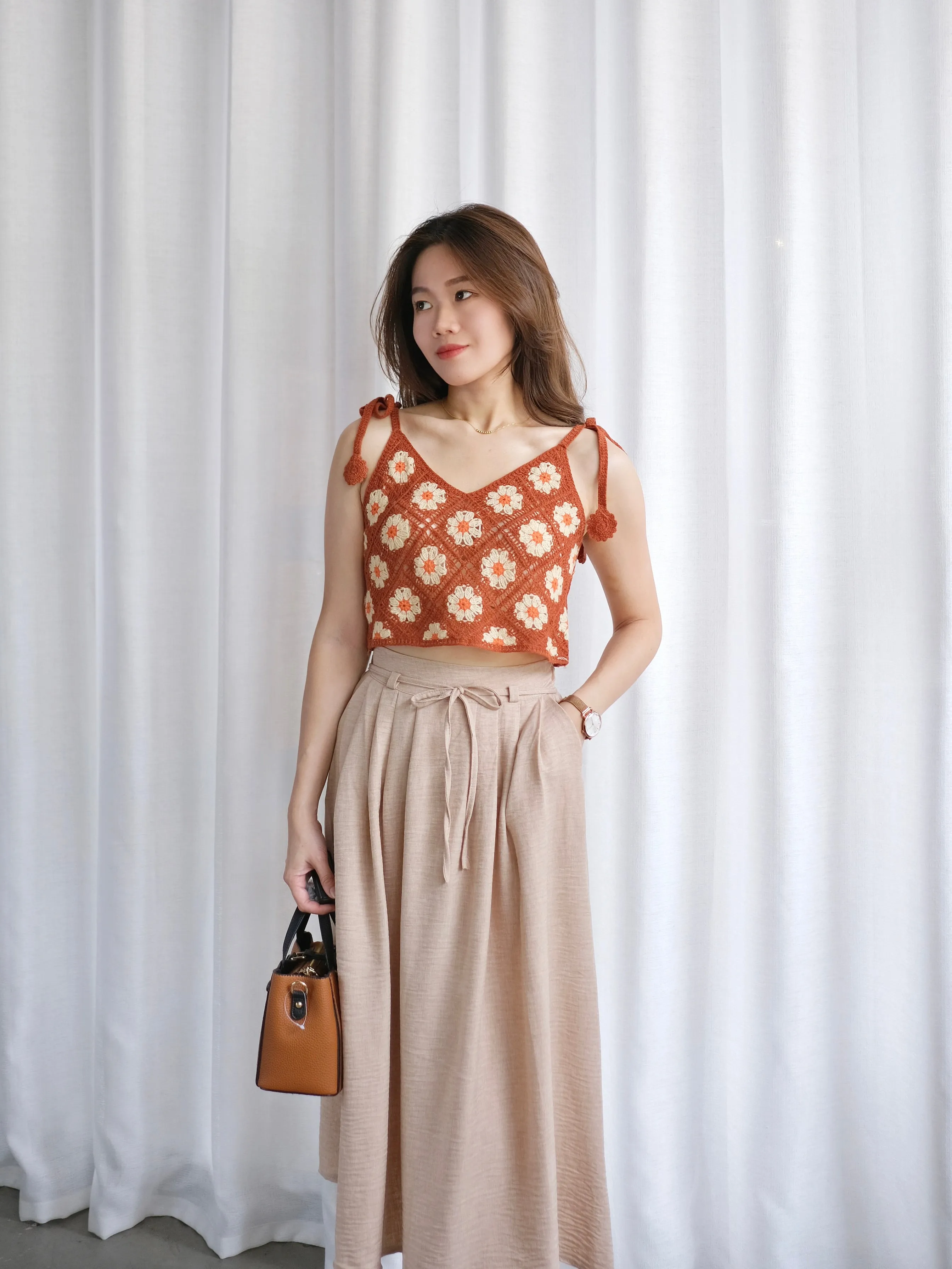 ACEWIN Tie Waist Front Pleated Midi Skirt (Free Size) 601296