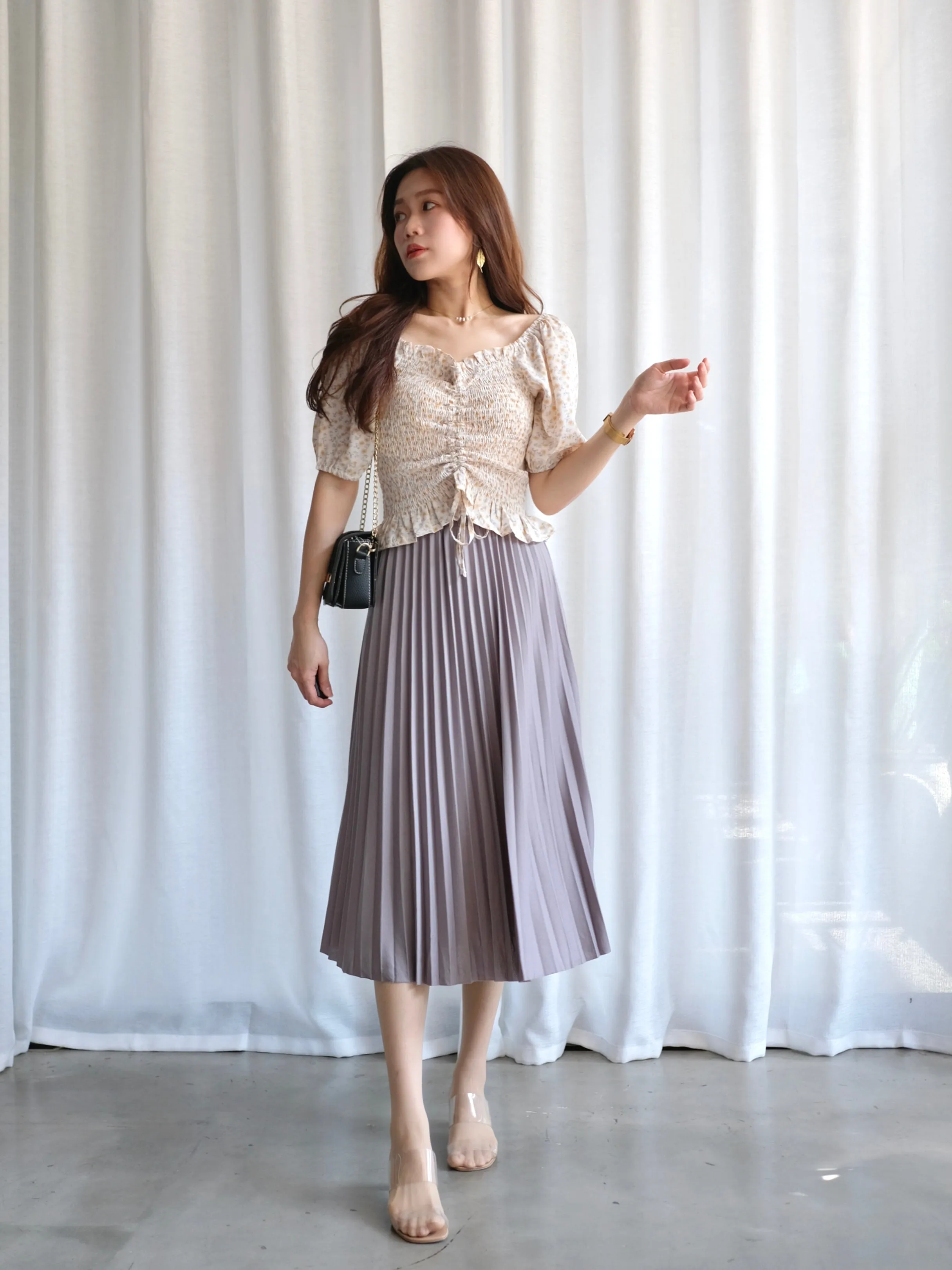 ACEWIN Waist Elastic Pleated Midi Skirt (Free Size) 601278