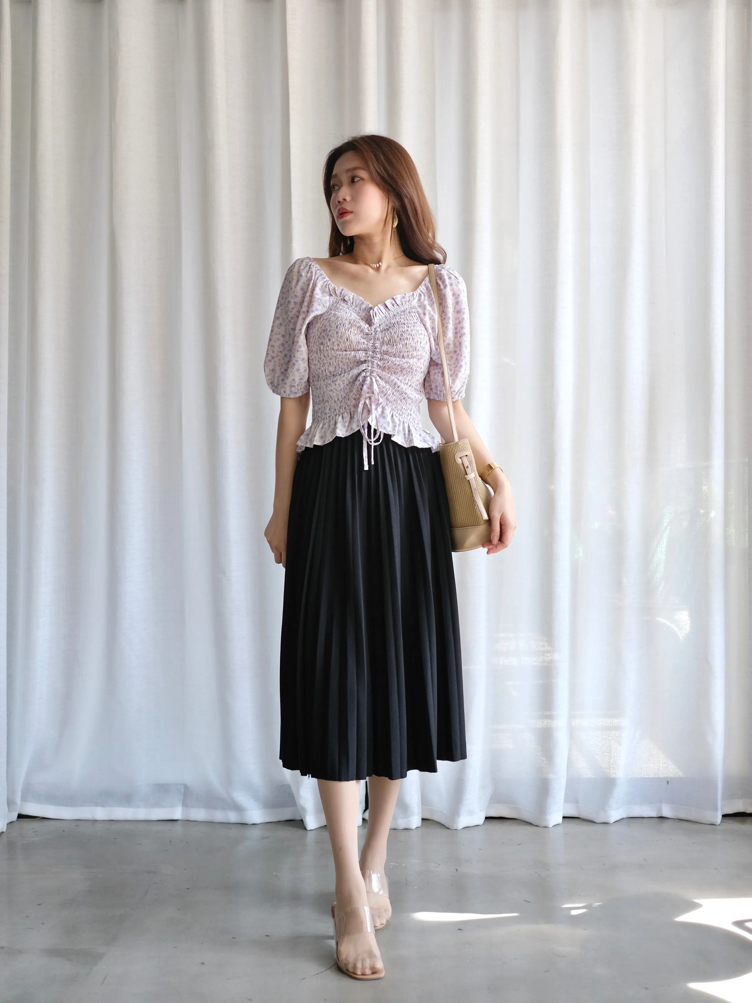 ACEWIN Waist Elastic Pleated Midi Skirt (Free Size) 601278