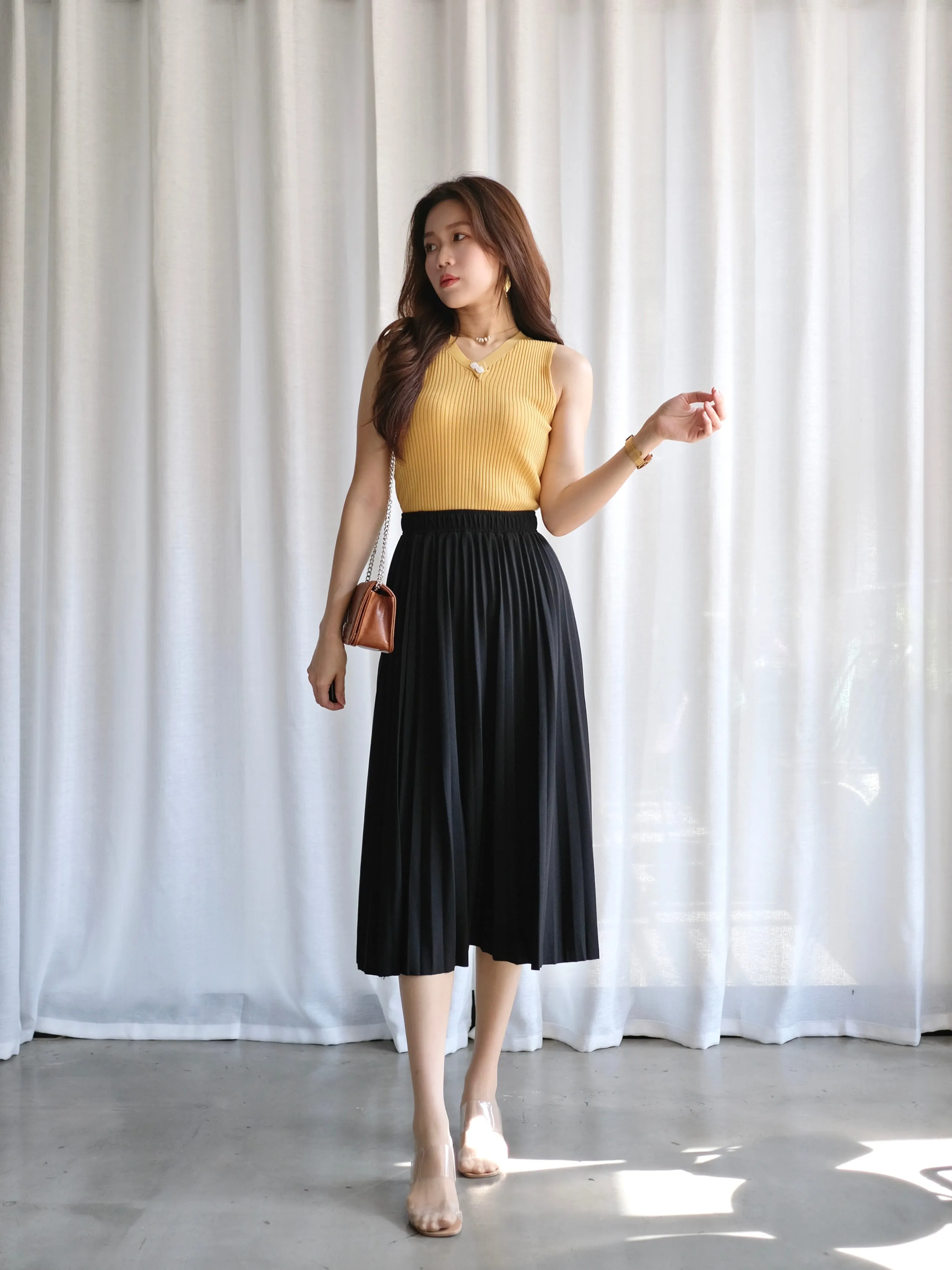 ACEWIN Waist Elastic Pleated Midi Skirt (Free Size) 601278