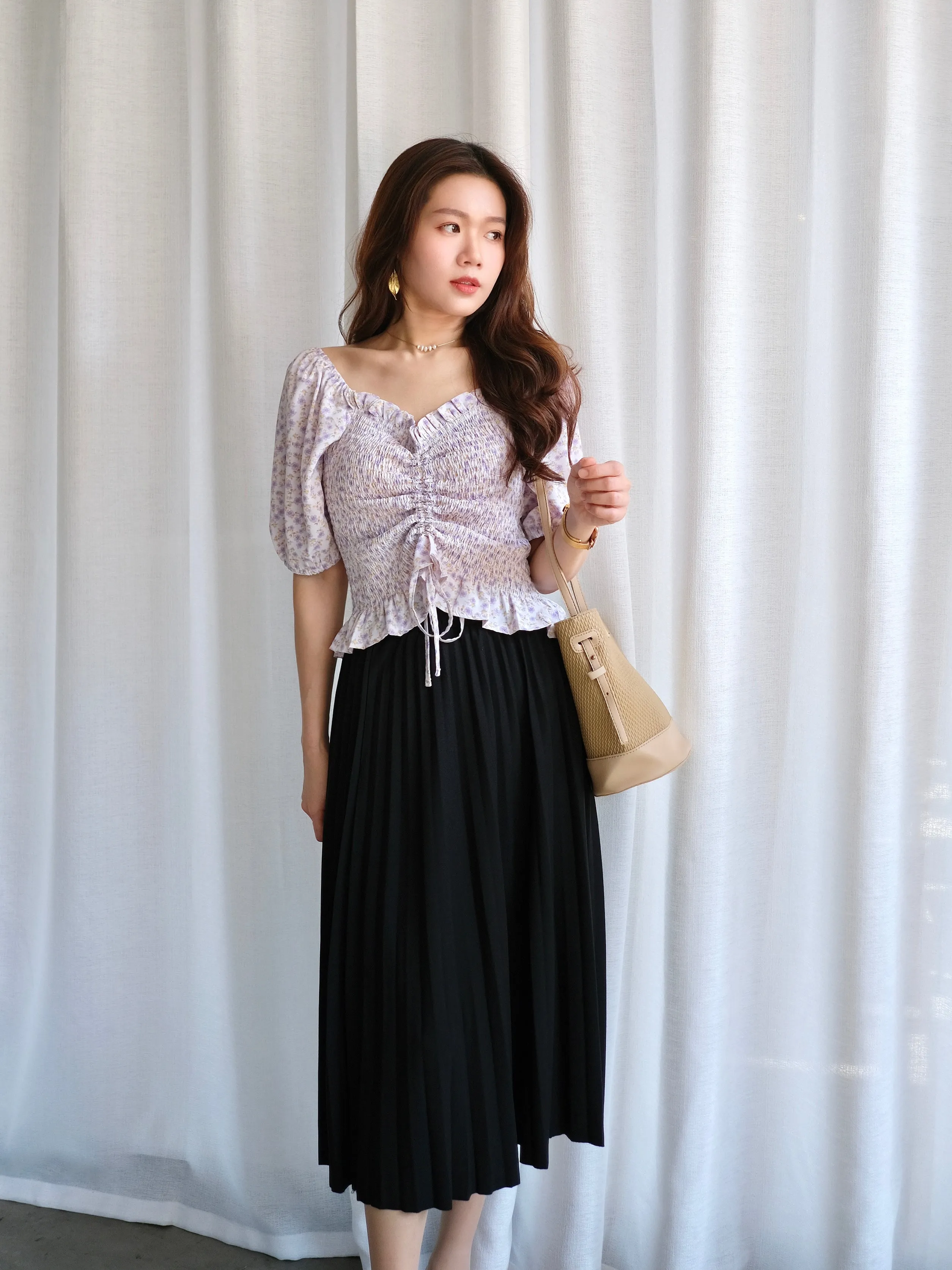 ACEWIN Waist Elastic Pleated Midi Skirt (Free Size) 601278