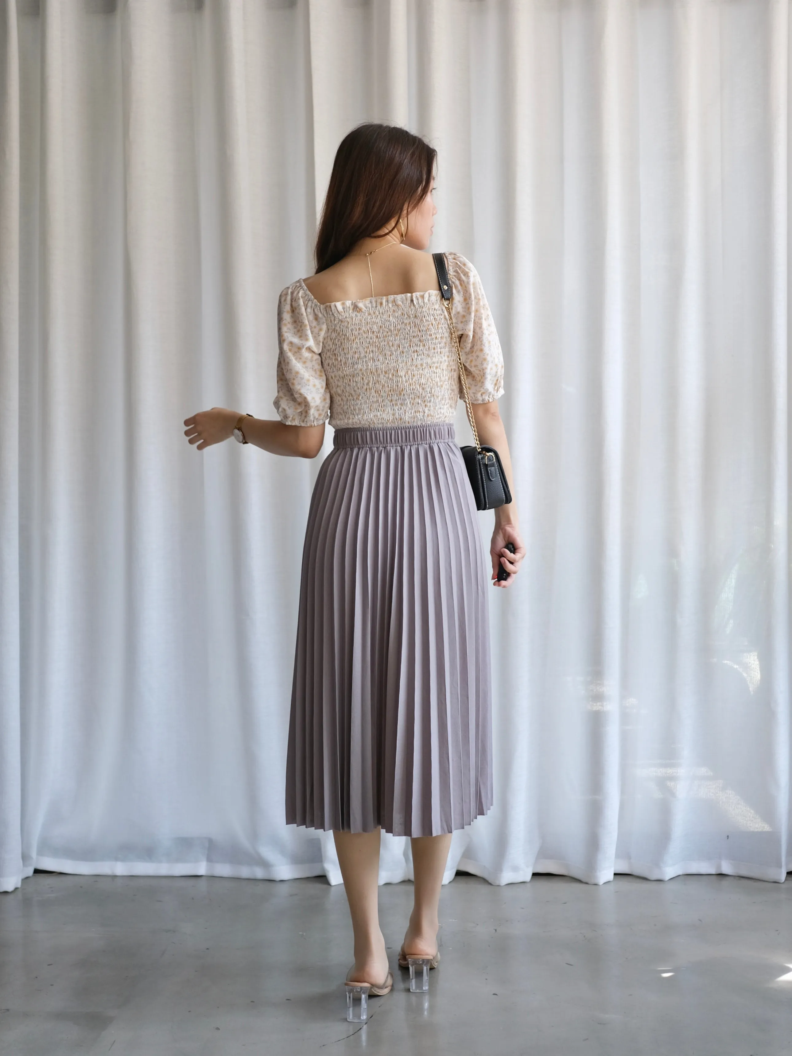 ACEWIN Waist Elastic Pleated Midi Skirt (Free Size) 601278
