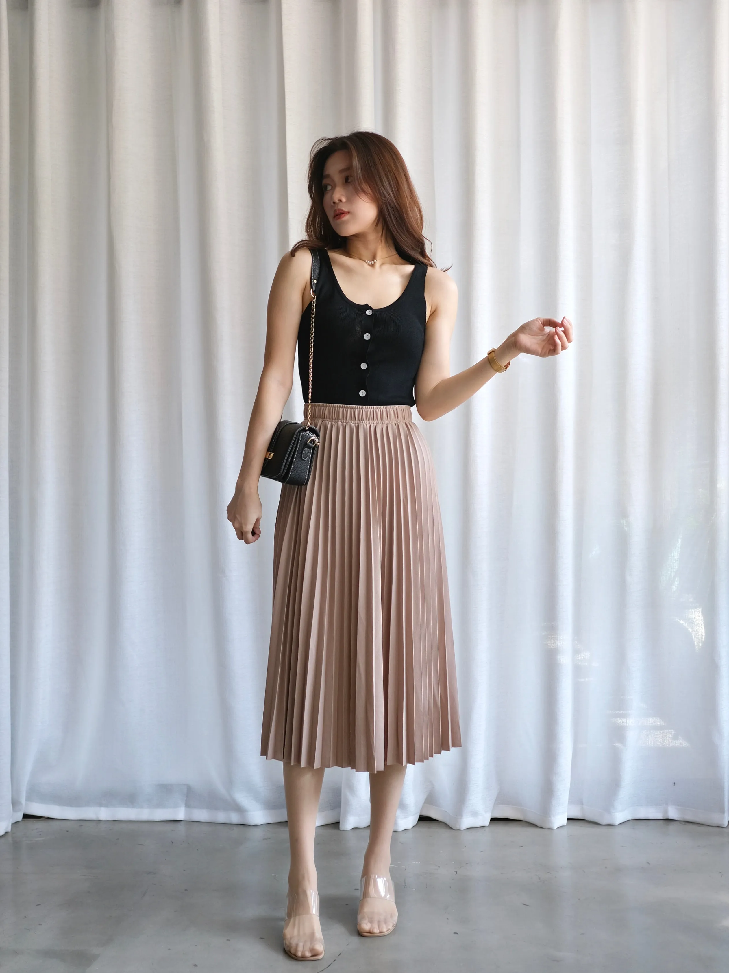 ACEWIN Waist Elastic Pleated Midi Skirt (Free Size) 601278