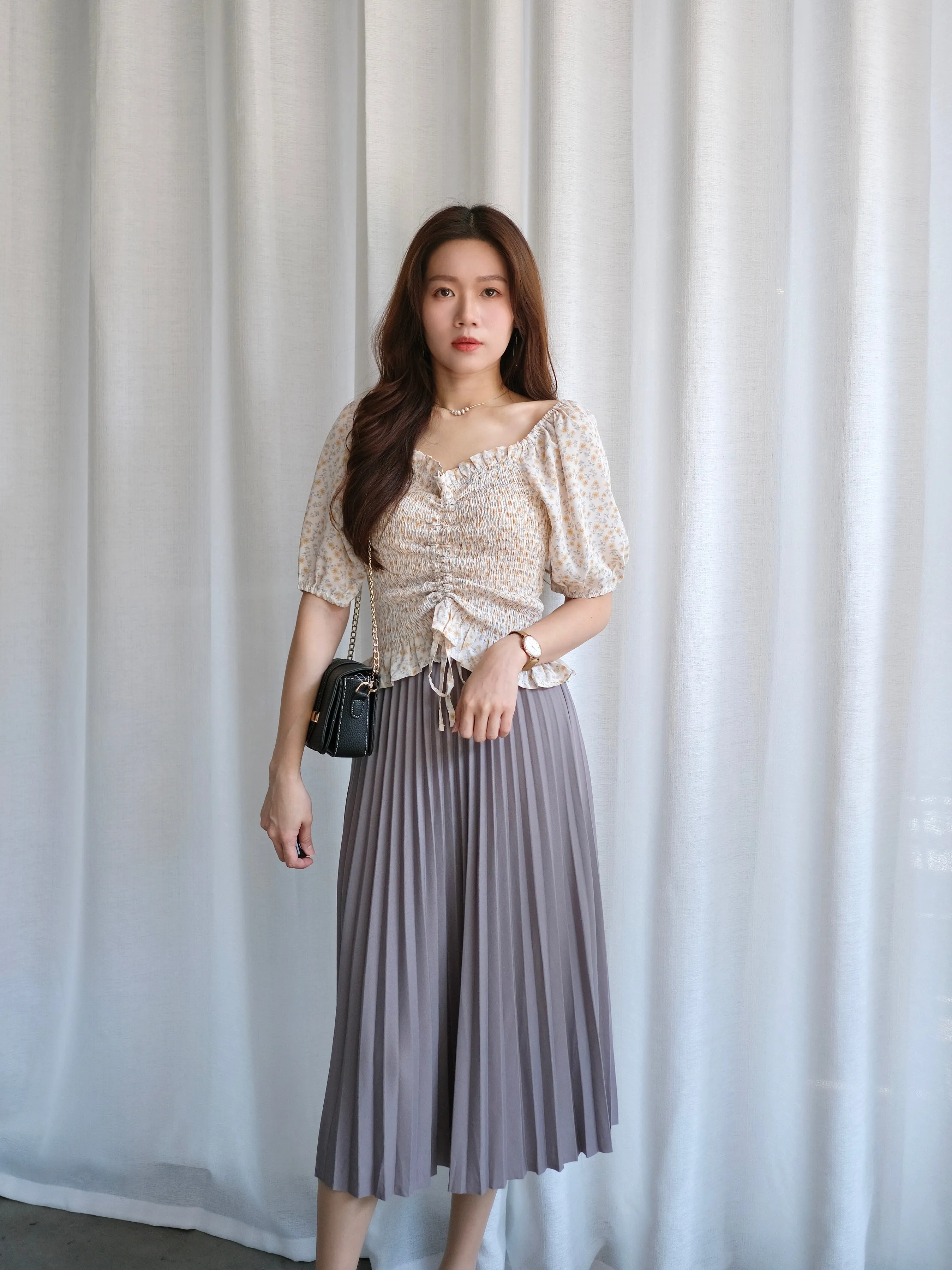ACEWIN Waist Elastic Pleated Midi Skirt (Free Size) 601278