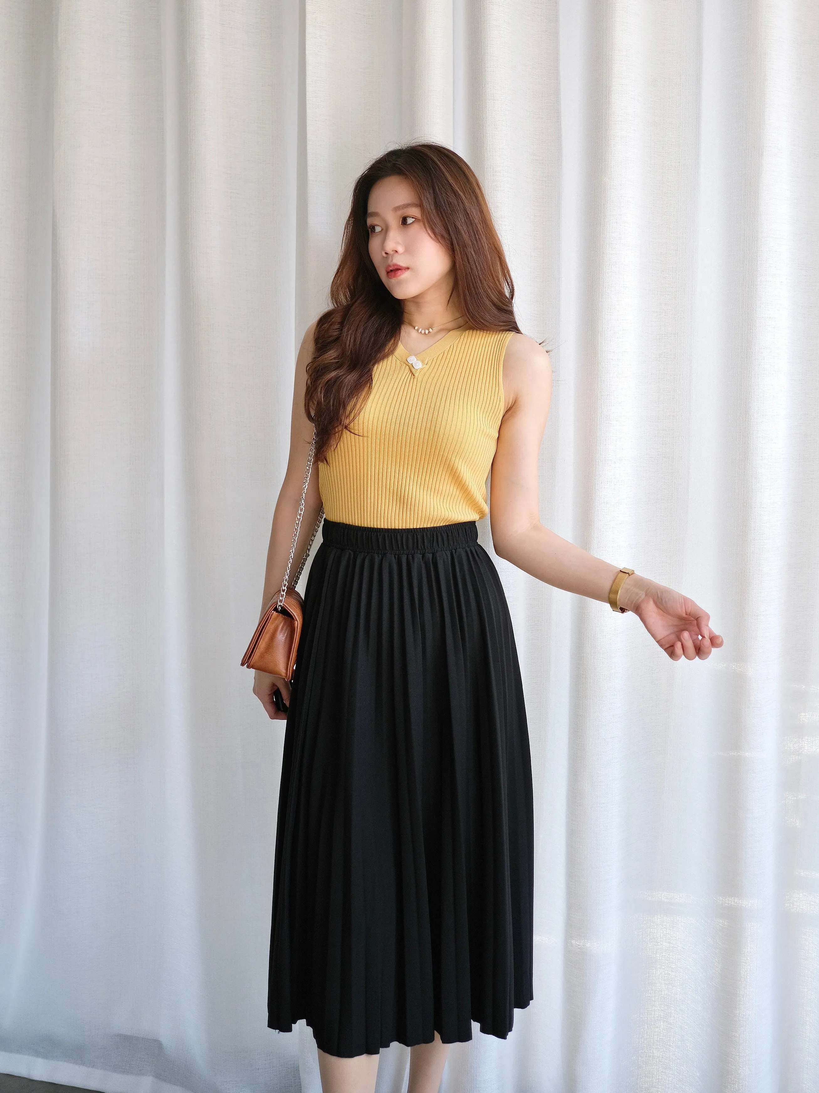 ACEWIN Waist Elastic Pleated Midi Skirt (Free Size) 601278