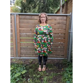 Adult's Autumn Flowers - Brown Long Sleeve Dress With Gathered Skirt - 1 Left Size 4XL