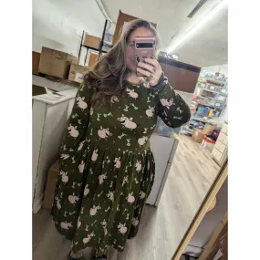 Adult's Pigs - Green Long Sleeve Dress With Gathered Skirt