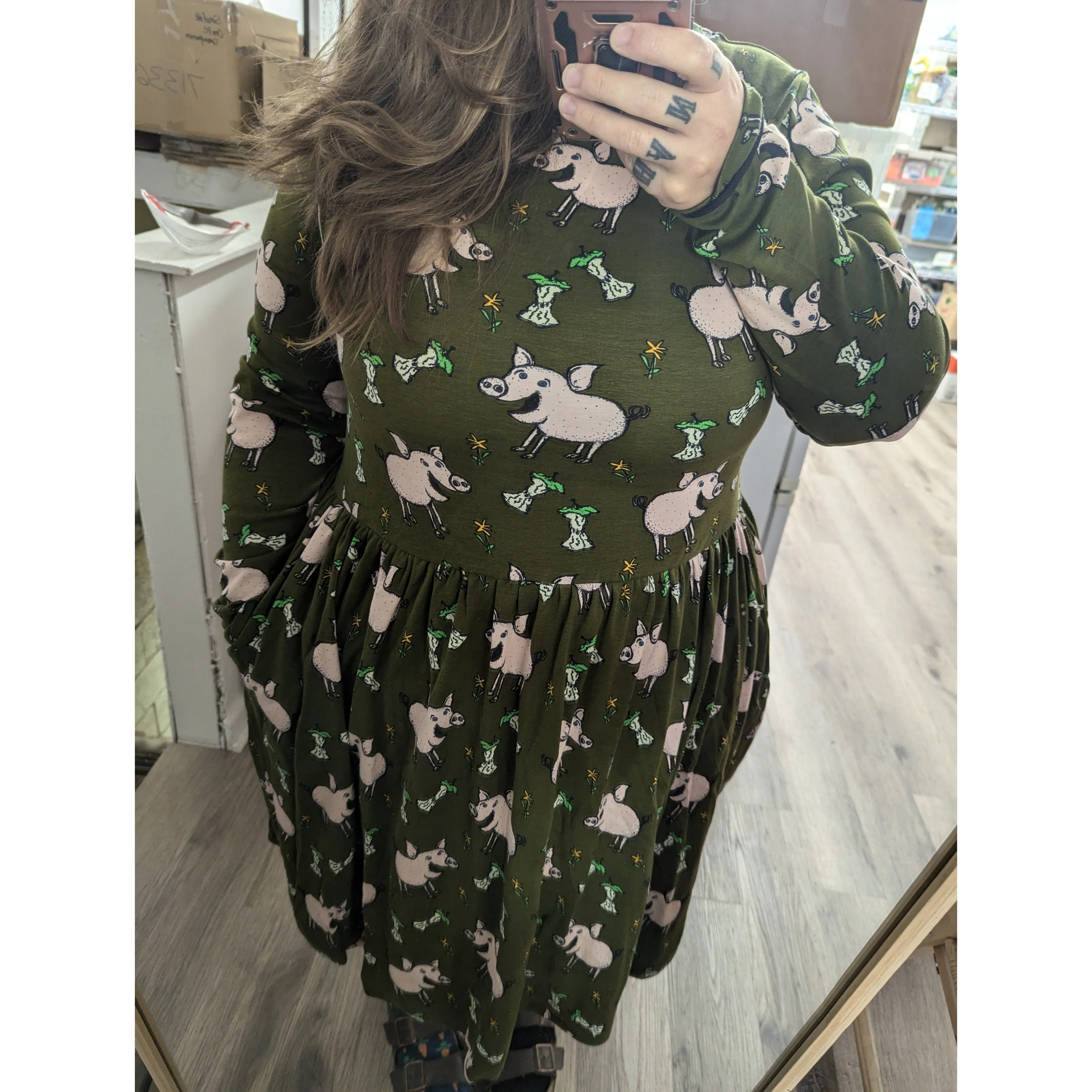 Adult's Pigs - Green Long Sleeve Dress With Gathered Skirt
