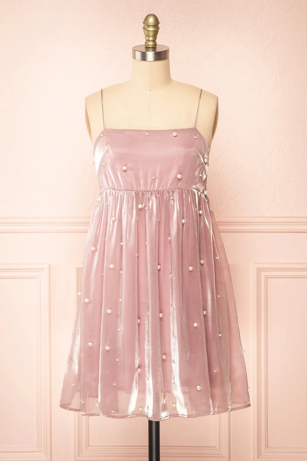 Ardelle | Short Mauve Babydoll Dress w/ Pearls