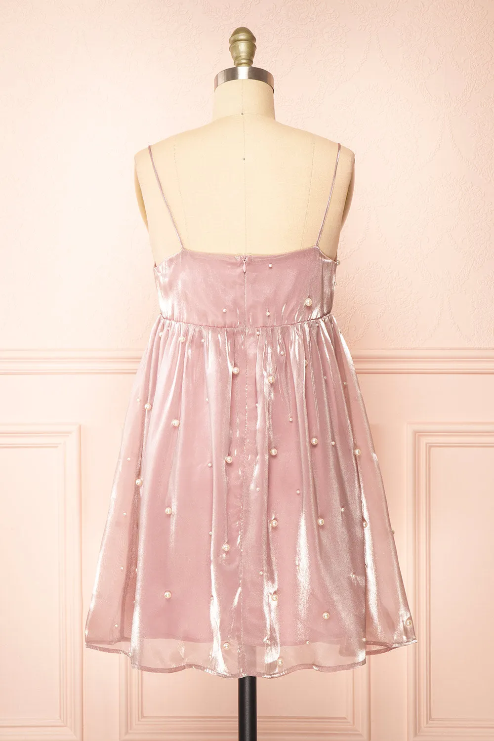Ardelle | Short Mauve Babydoll Dress w/ Pearls